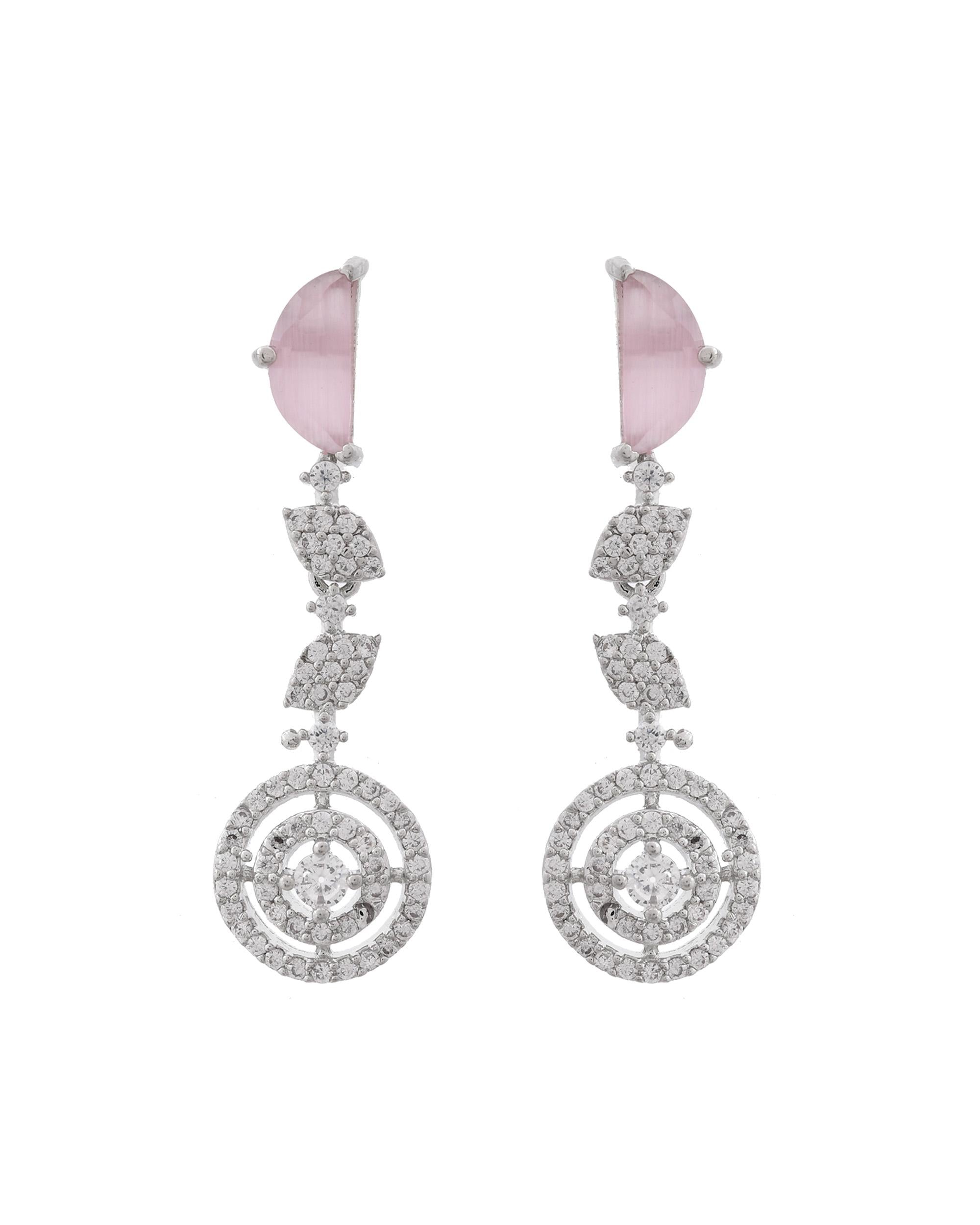 VOJ Silver Plated Pink And Ad Stone Studded Drop Earrings