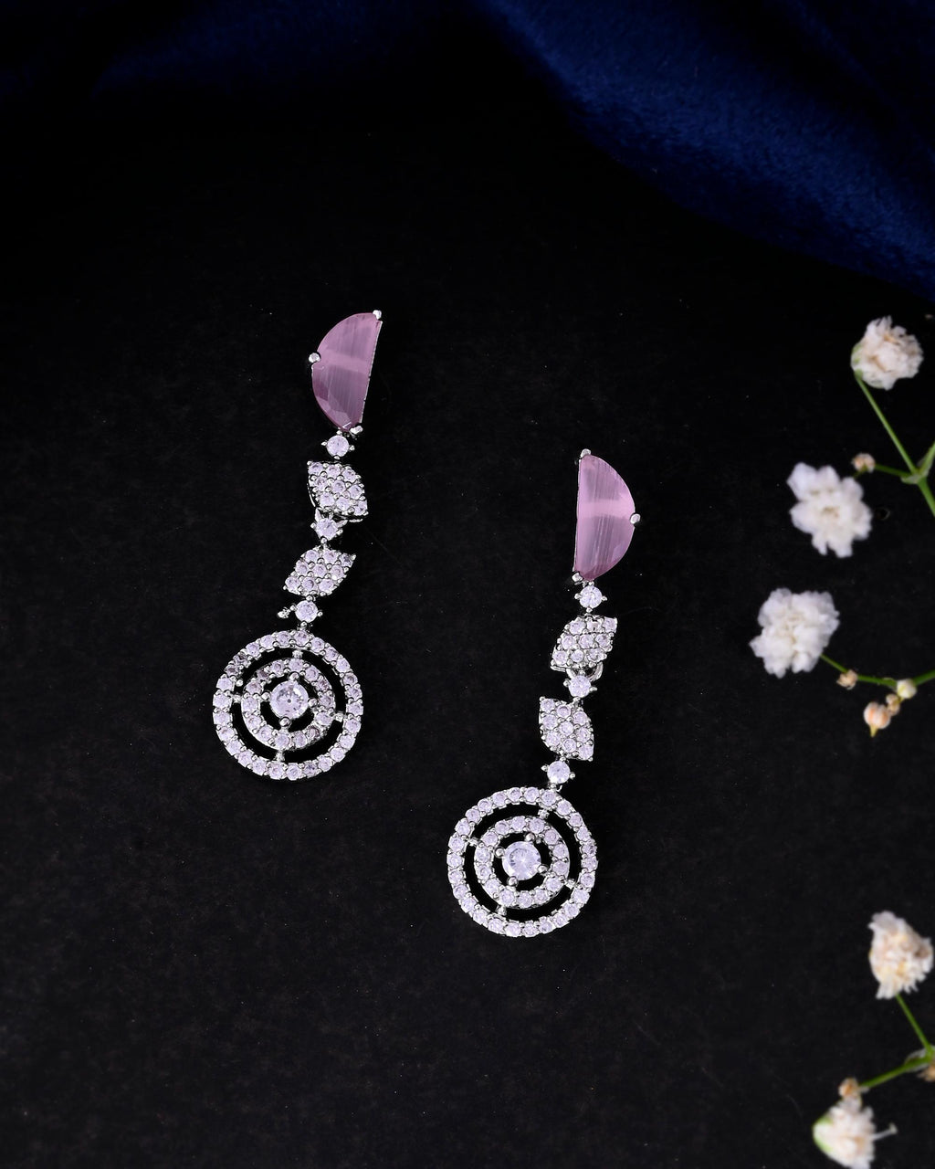 VOJ Silver Plated Pink And Ad Stone Studded Drop Earrings