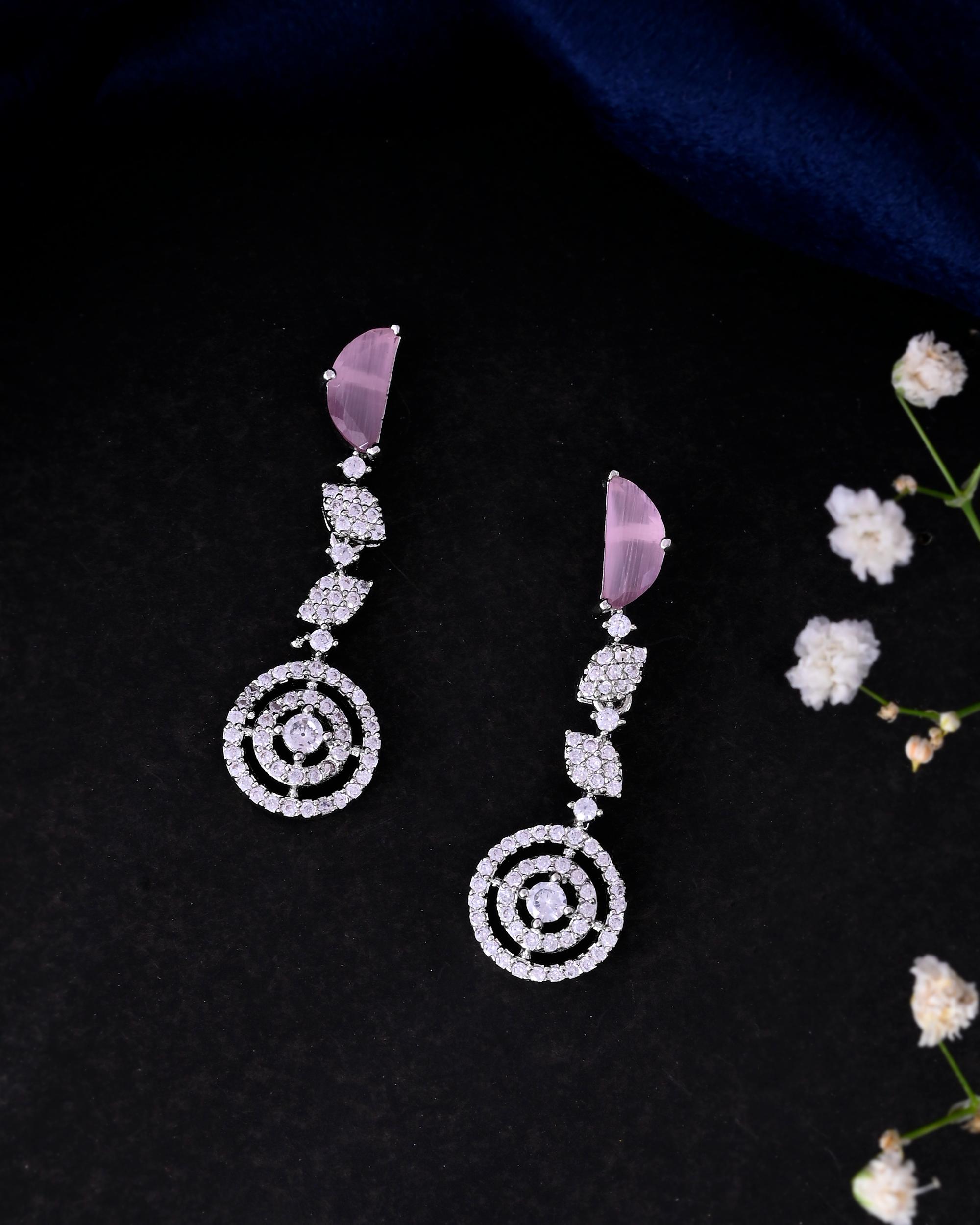 VOJ Silver Plated Pink And Ad Stone Studded Drop Earrings