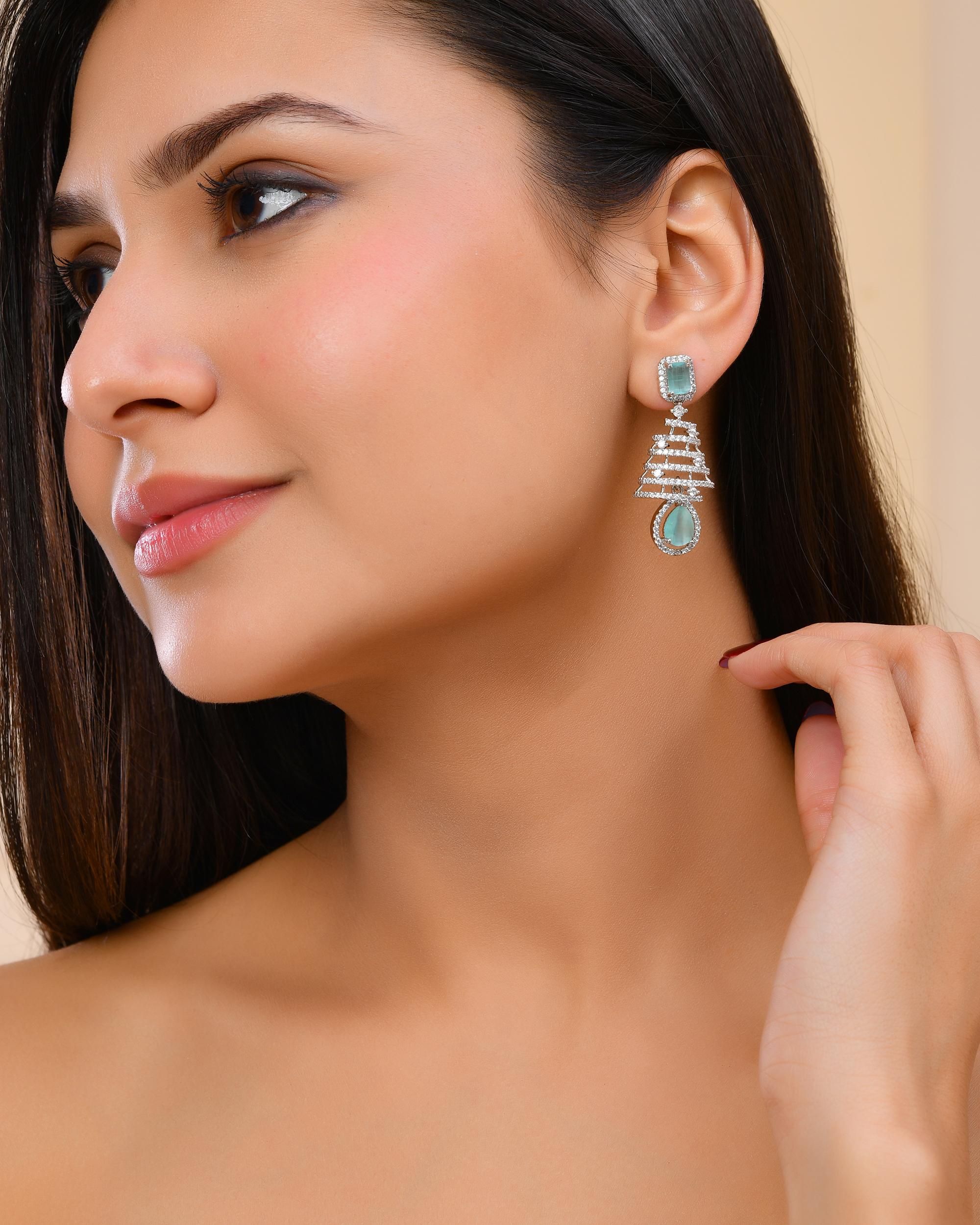VOJ Silver Plated Mint Green Ad Stone Studded Dome Shaped Earrings