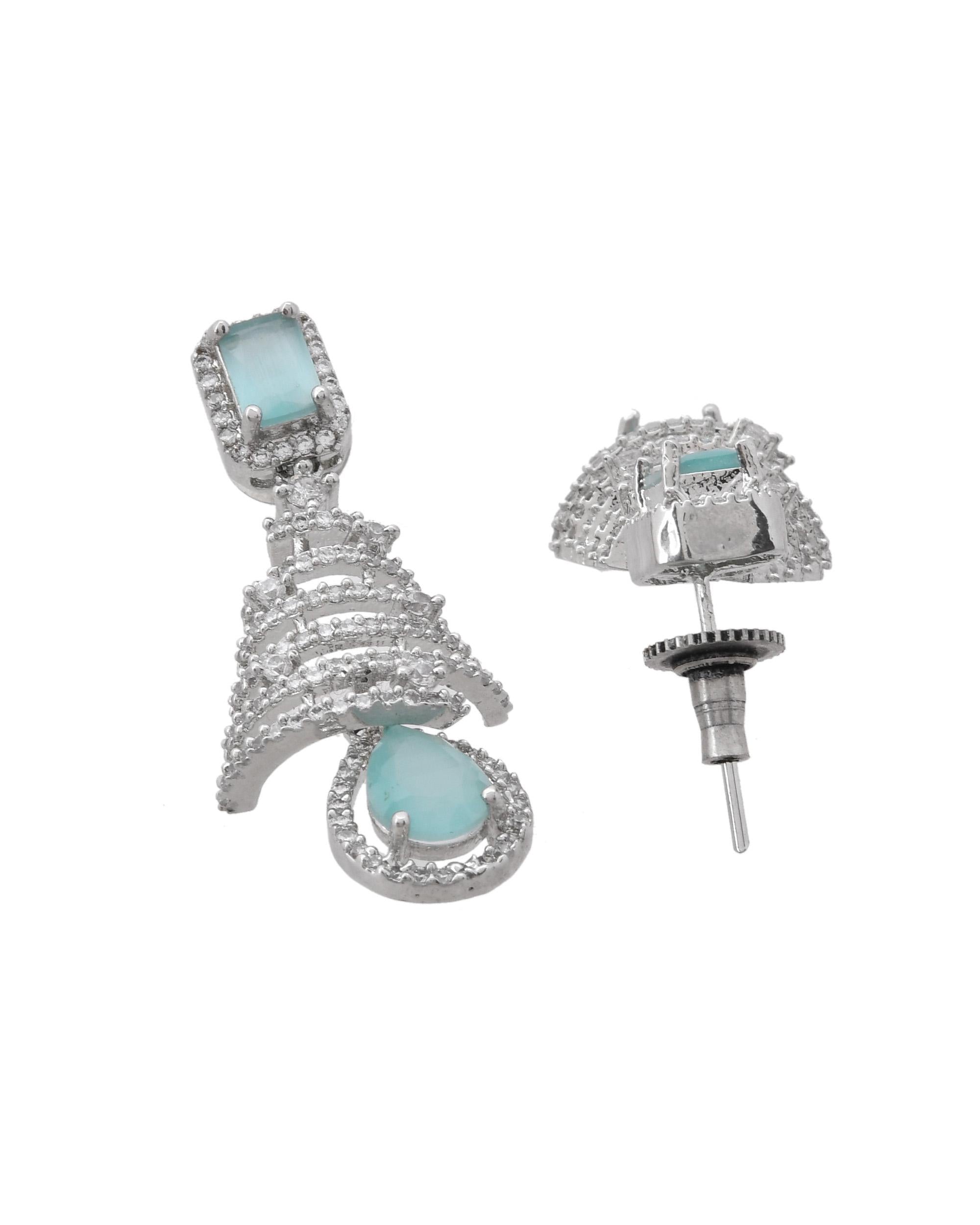 VOJ Silver Plated Mint Green Ad Stone Studded Dome Shaped Earrings