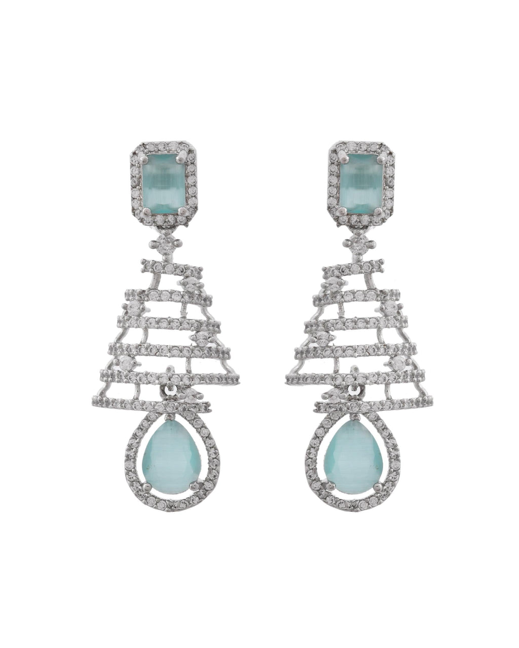 VOJ Silver Plated Mint Green Ad Stone Studded Dome Shaped Earrings