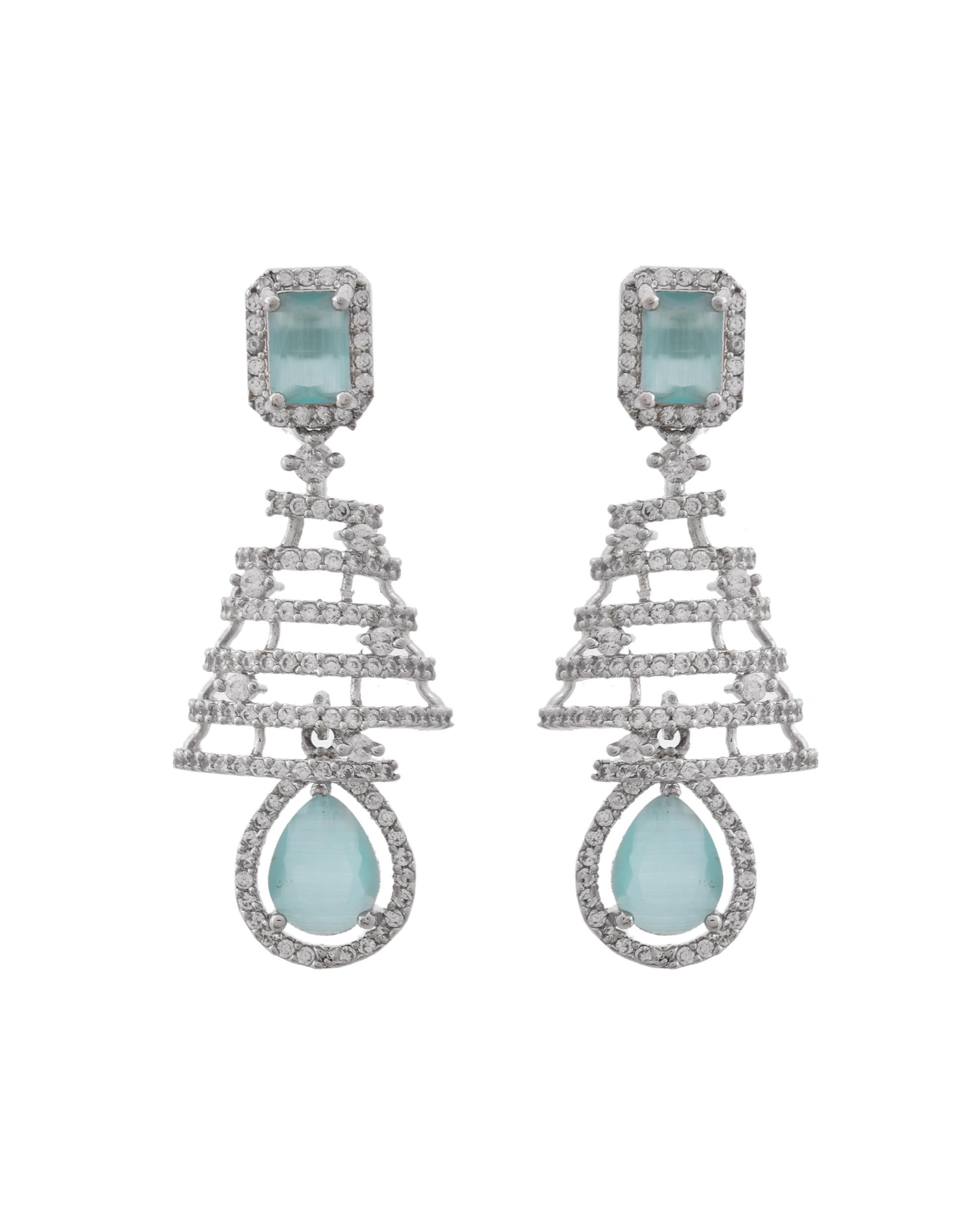 VOJ Silver Plated Mint Green Ad Stone Studded Dome Shaped Earrings