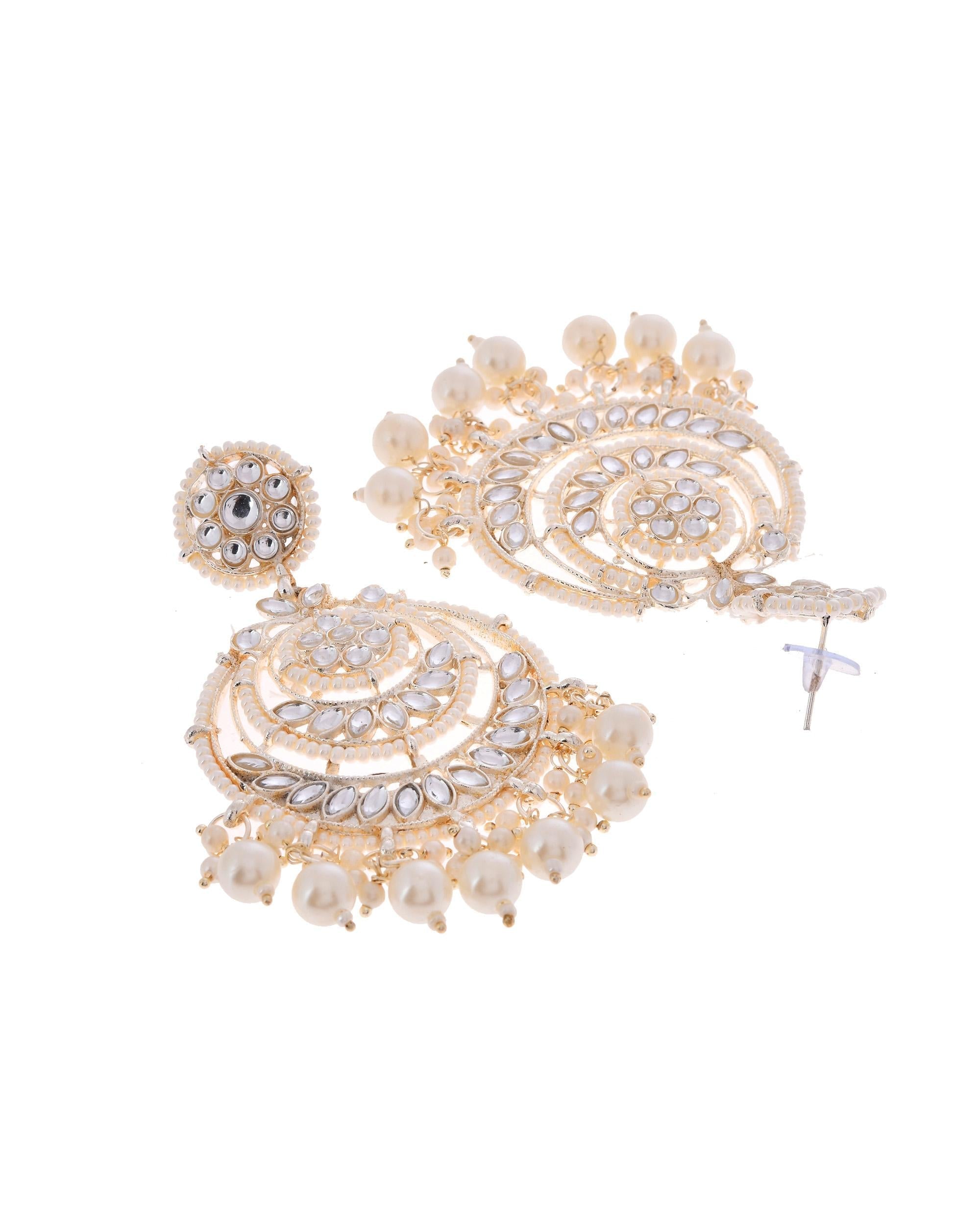 VOJ Gold-Polished Kundan And Pearl Studded Circular Earrings