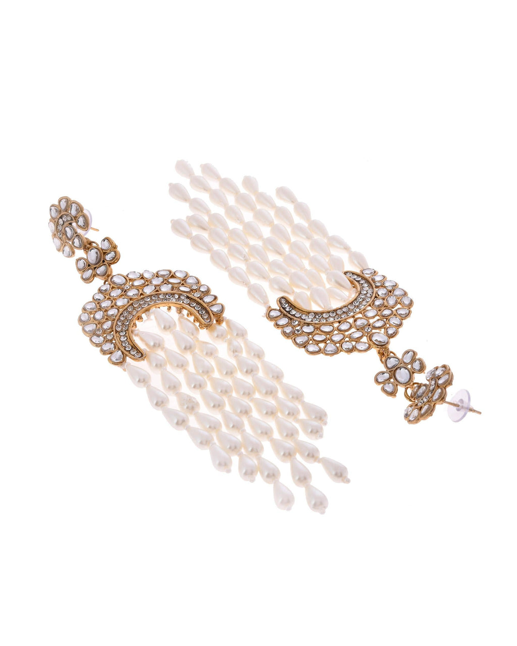 VOJ Kundan Studded White Pearl Long Drop Earrings