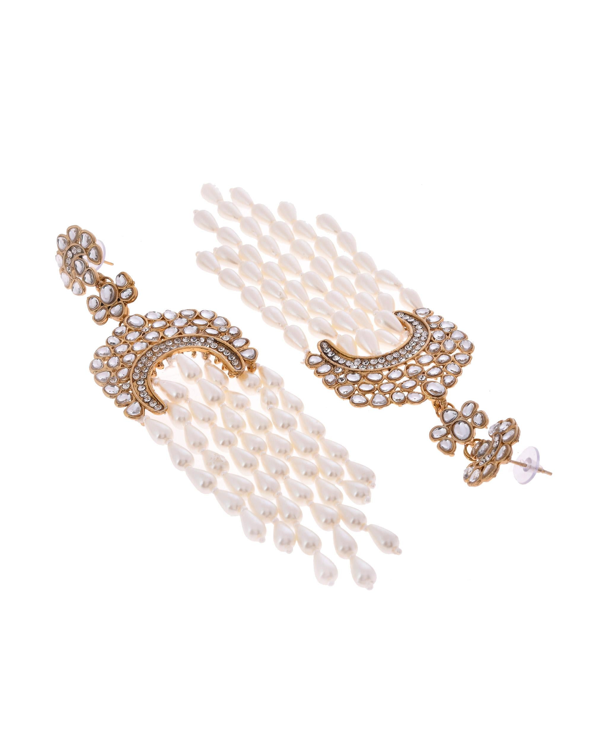 VOJ Kundan Studded White Pearl Long Drop Earrings