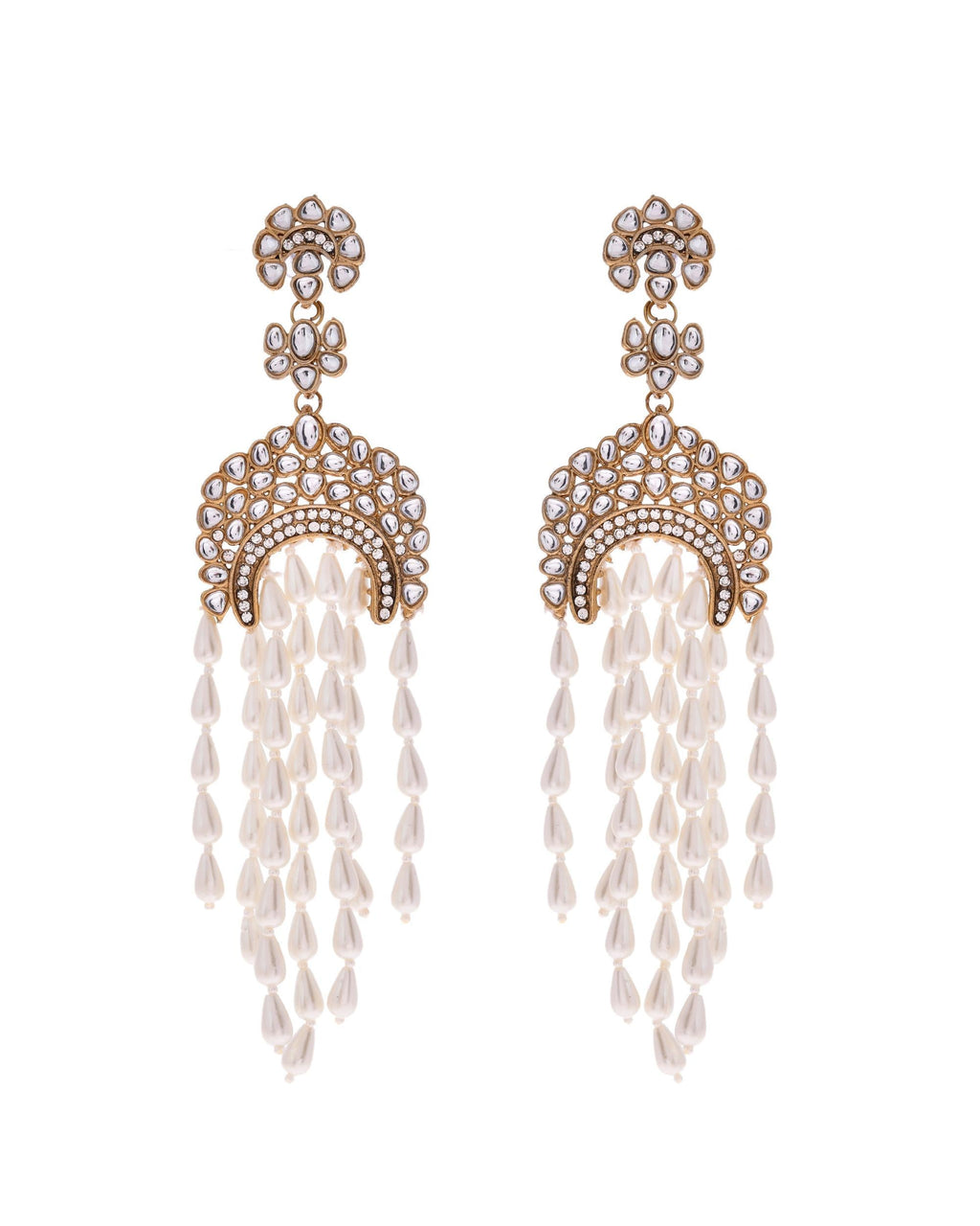 VOJ Kundan Studded White Pearl Long Drop Earrings