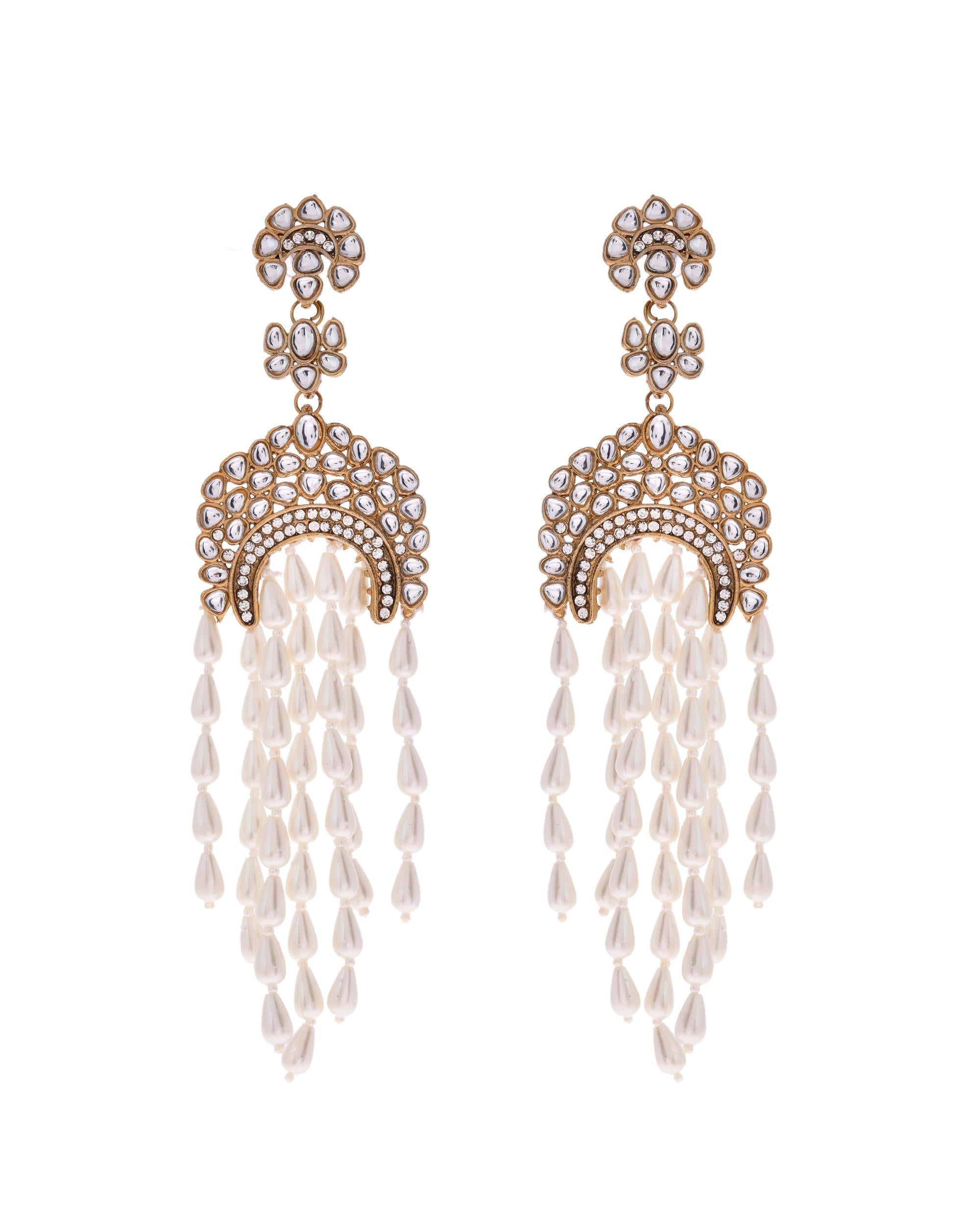VOJ Kundan Studded White Pearl Long Drop Earrings