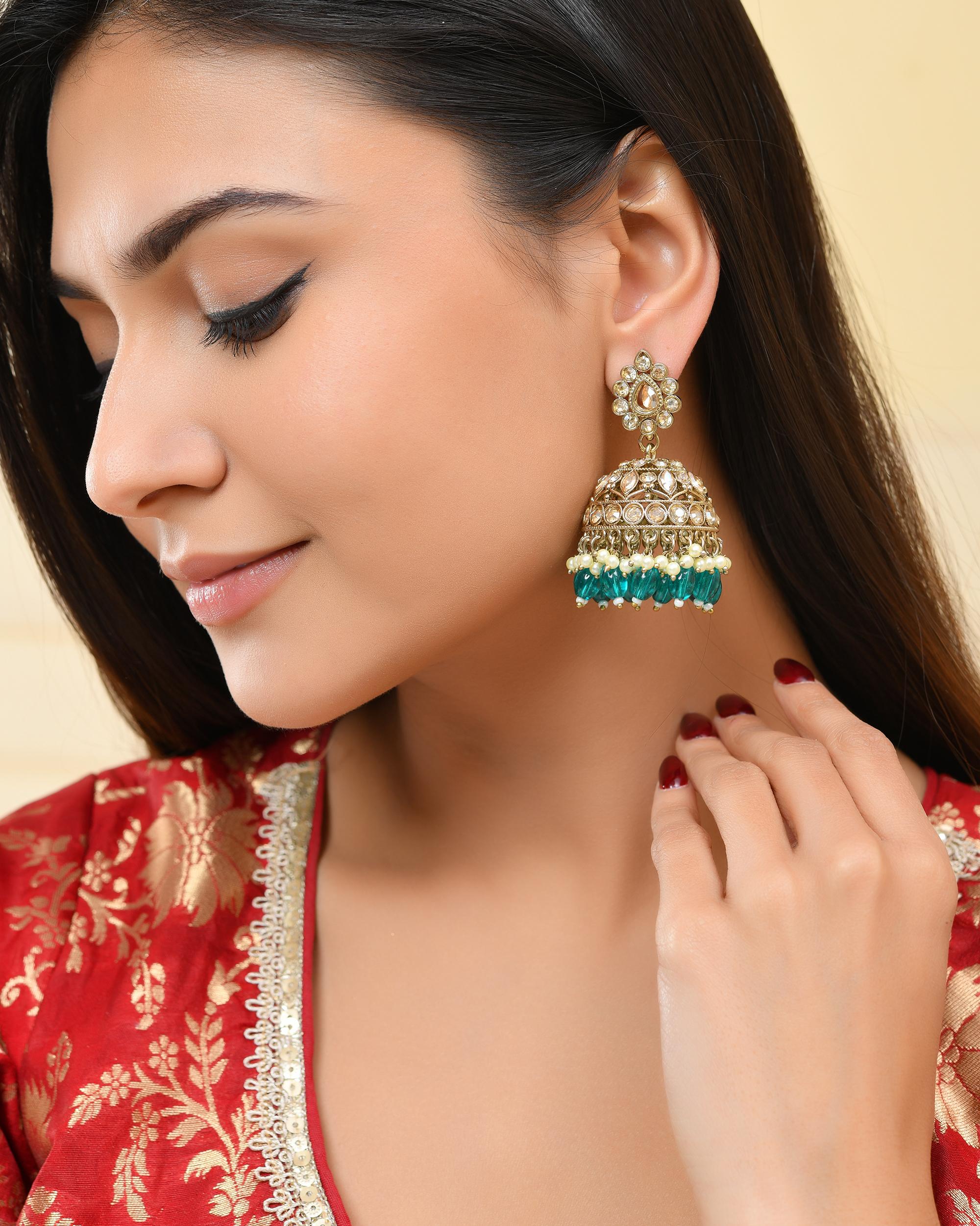 VOJ Gold-Polished Stone Studded Dome Shaped Jhumkas