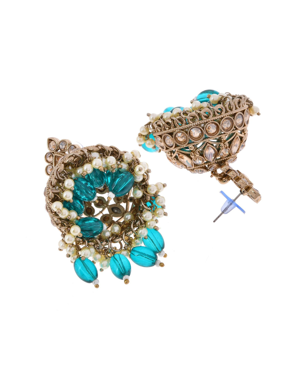 VOJ Gold-Polished Stone Studded Dome Shaped Jhumkas