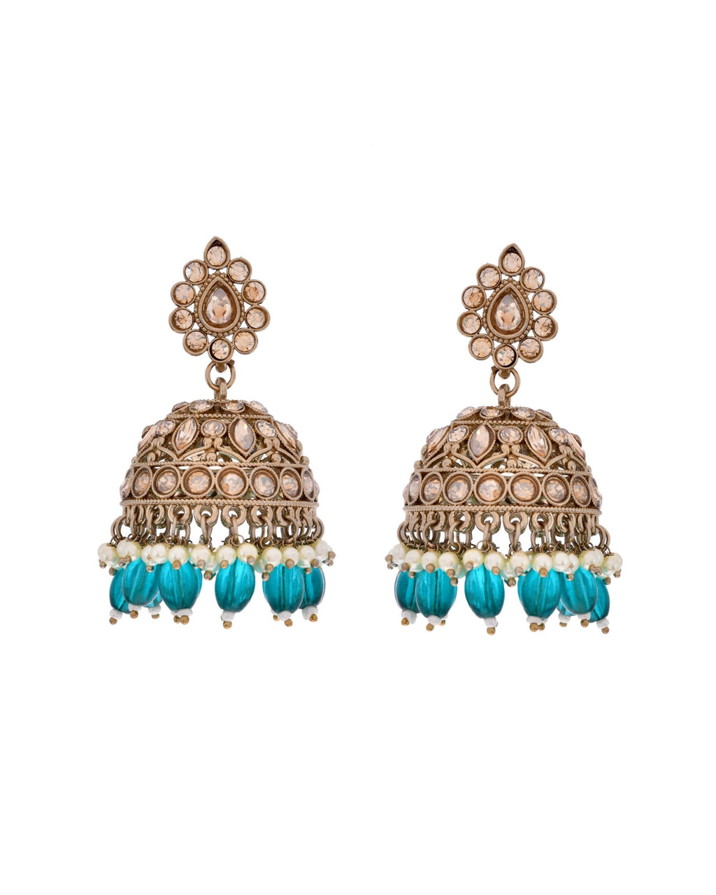 VOJ Gold-Polished Stone Studded Dome Shaped Jhumkas