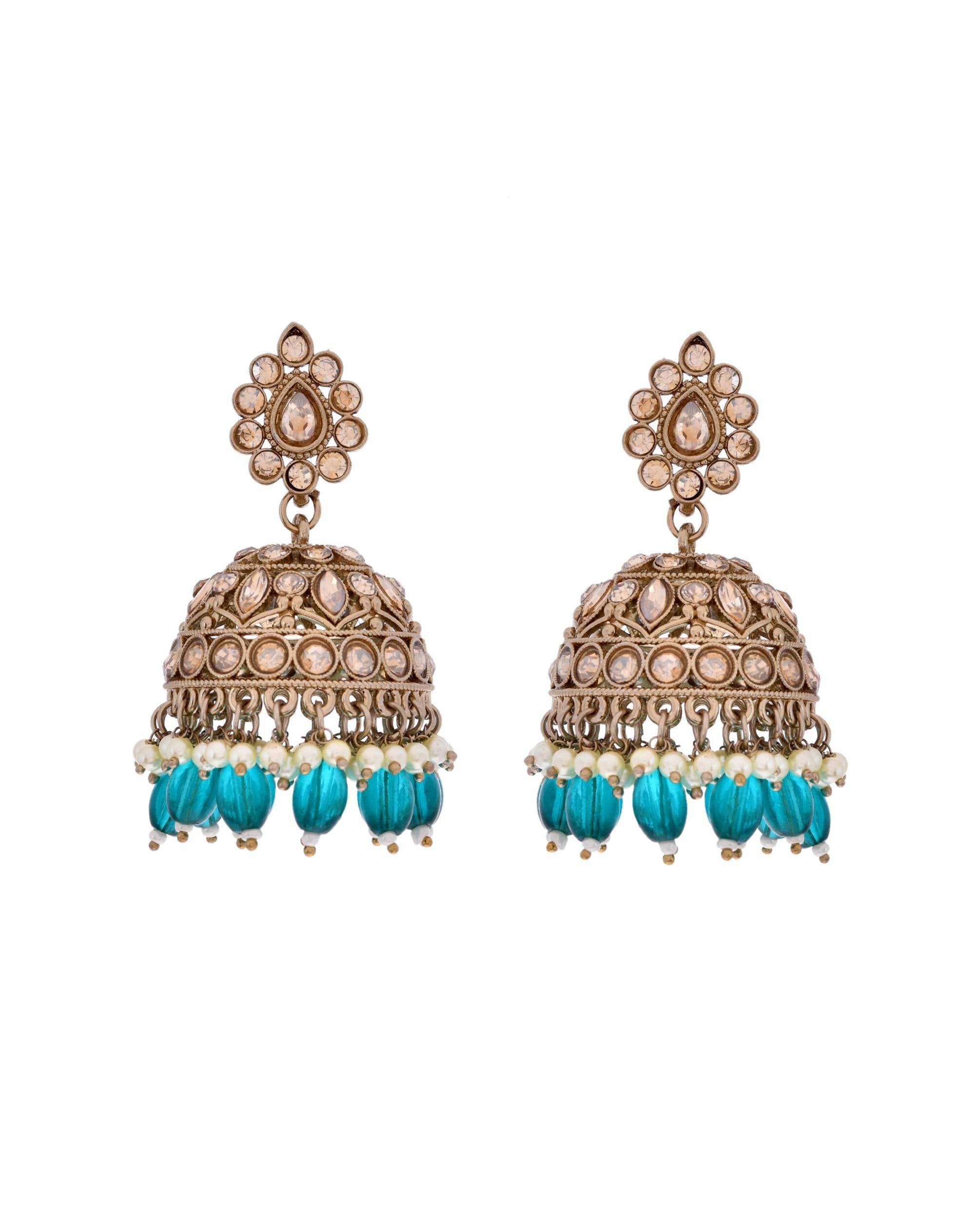 VOJ Gold-Polished Stone Studded Dome Shaped Jhumkas