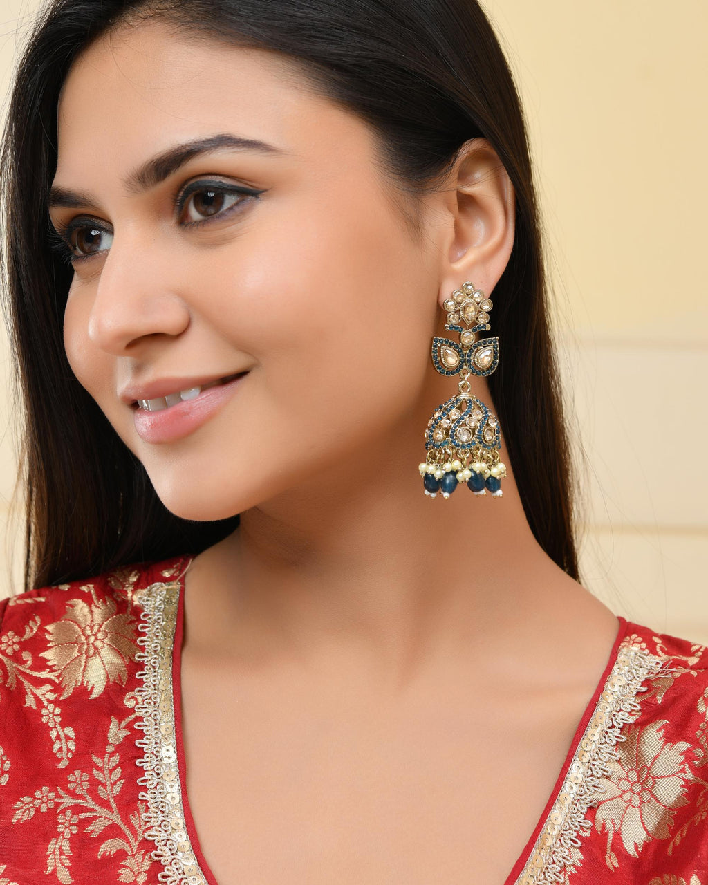 VOJ Blue Stone Studded Gold-Polished Jhumkas