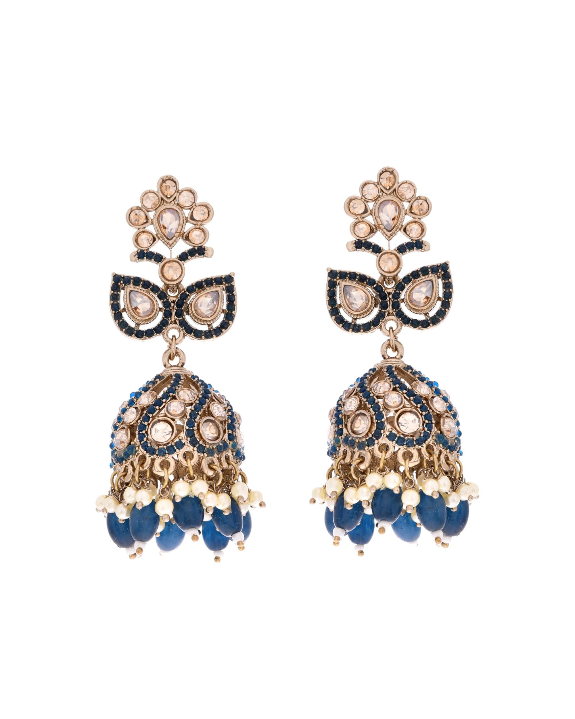 VOJ Blue Stone Studded Gold-Polished Jhumkas