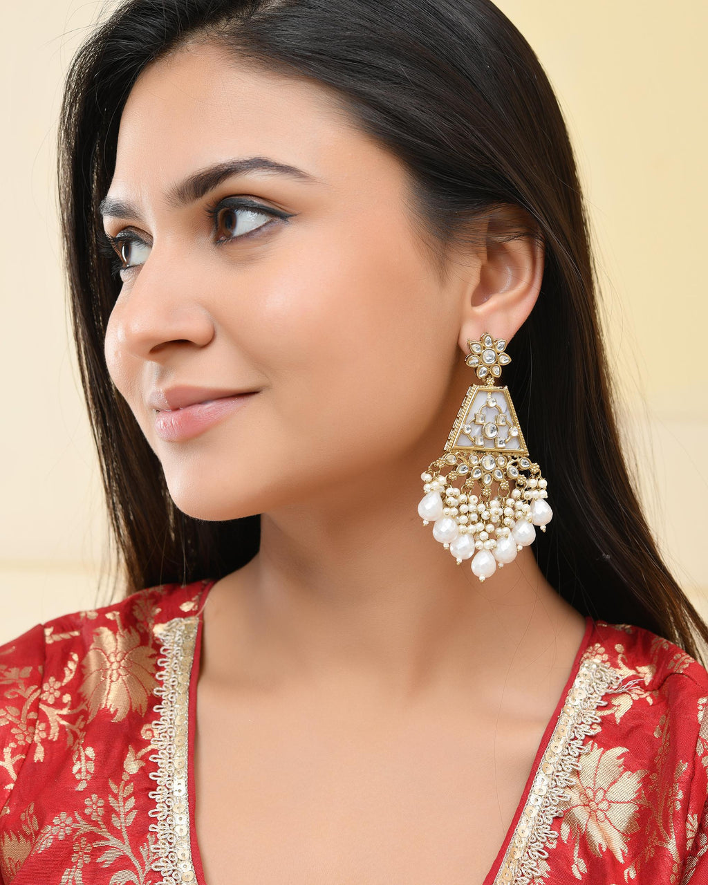 VOJ Gold-Polished Kundan Studded Contemporary Earrings