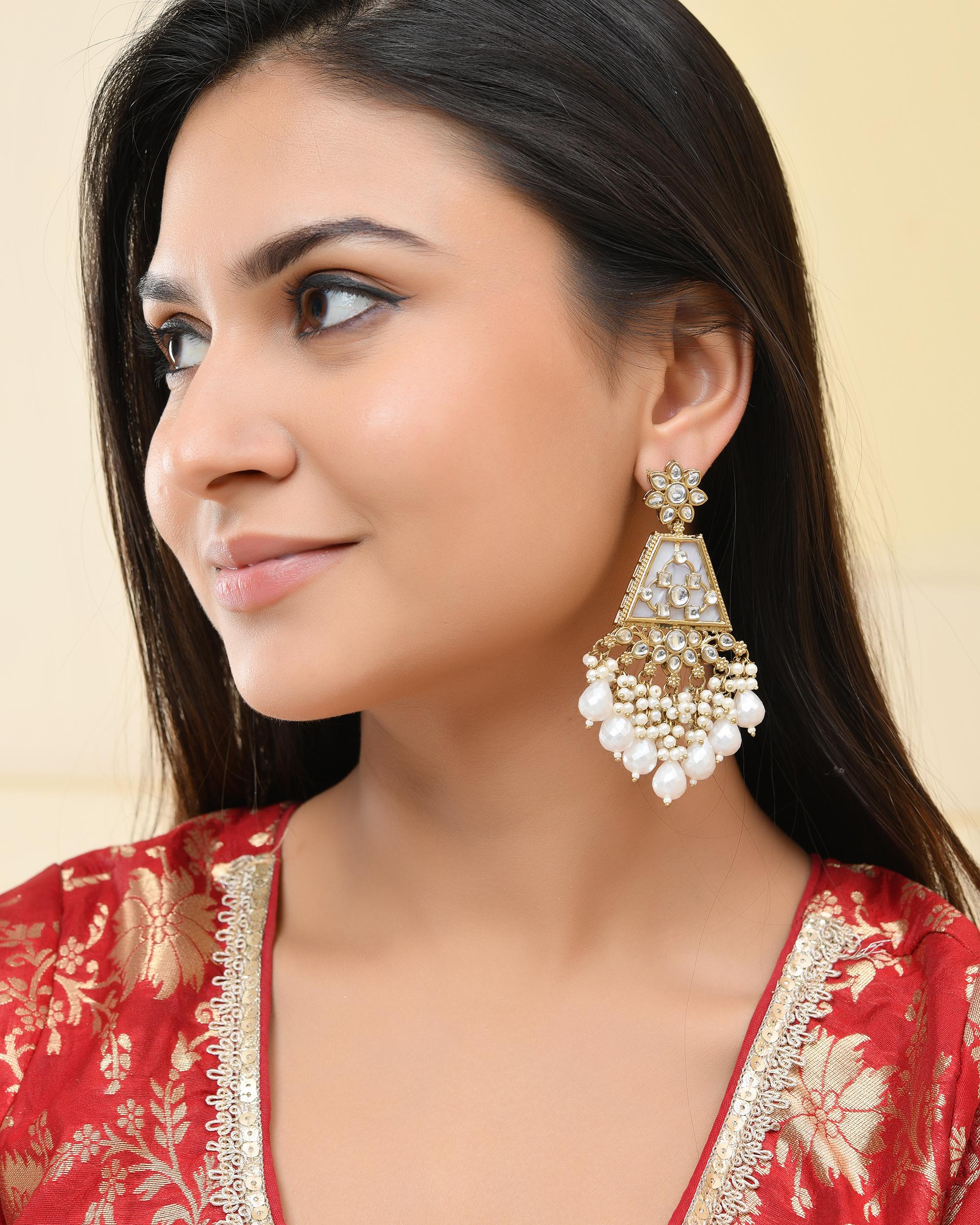 VOJ Gold-Polished Kundan Studded Contemporary Earrings