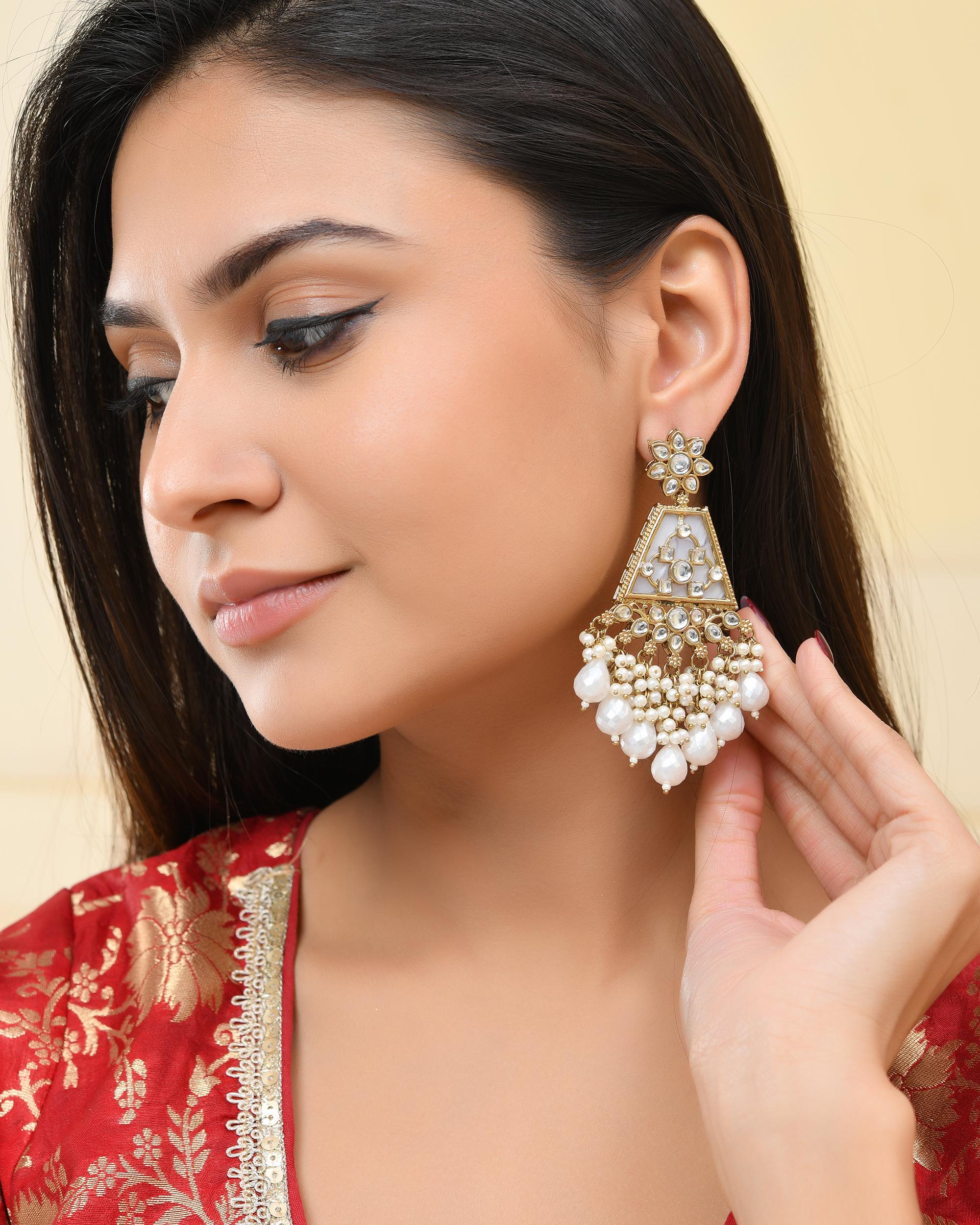 VOJ Gold-Polished Kundan Studded Contemporary Earrings