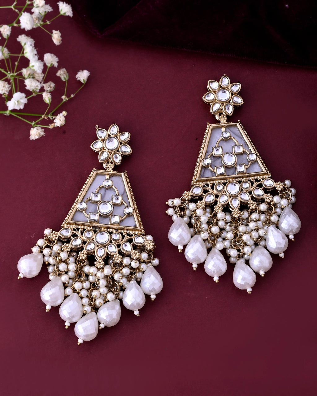 VOJ Gold-Polished Kundan Studded Contemporary Earrings