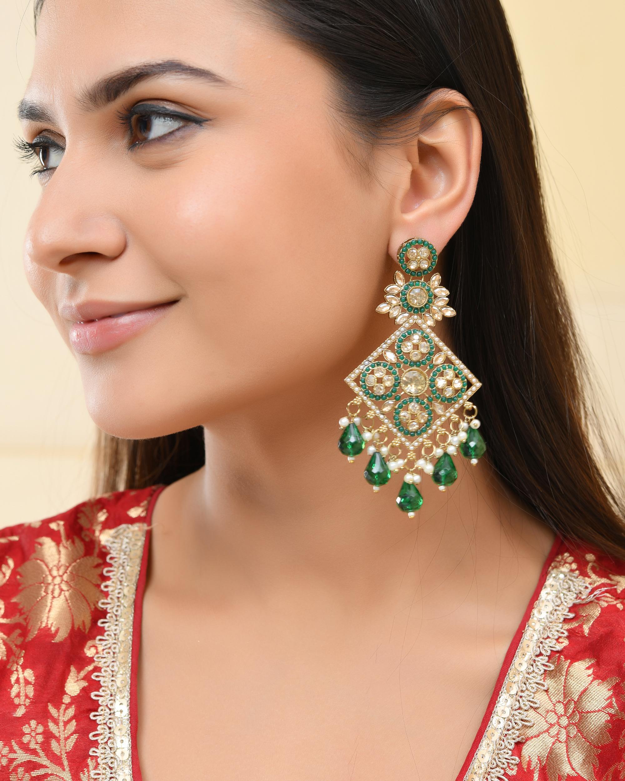 VOJ Green Stone Studded Gold-Polished Square Shaped Earrings