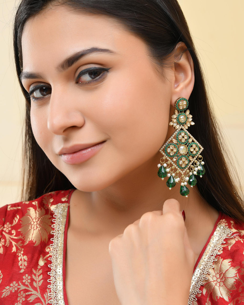 VOJ Green Stone Studded Gold-Polished Square Shaped Earrings
