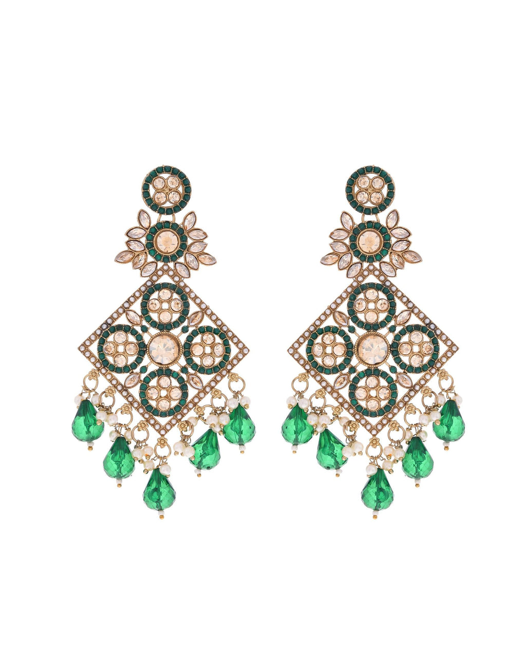 VOJ Green Stone Studded Gold-Polished Square Shaped Earrings