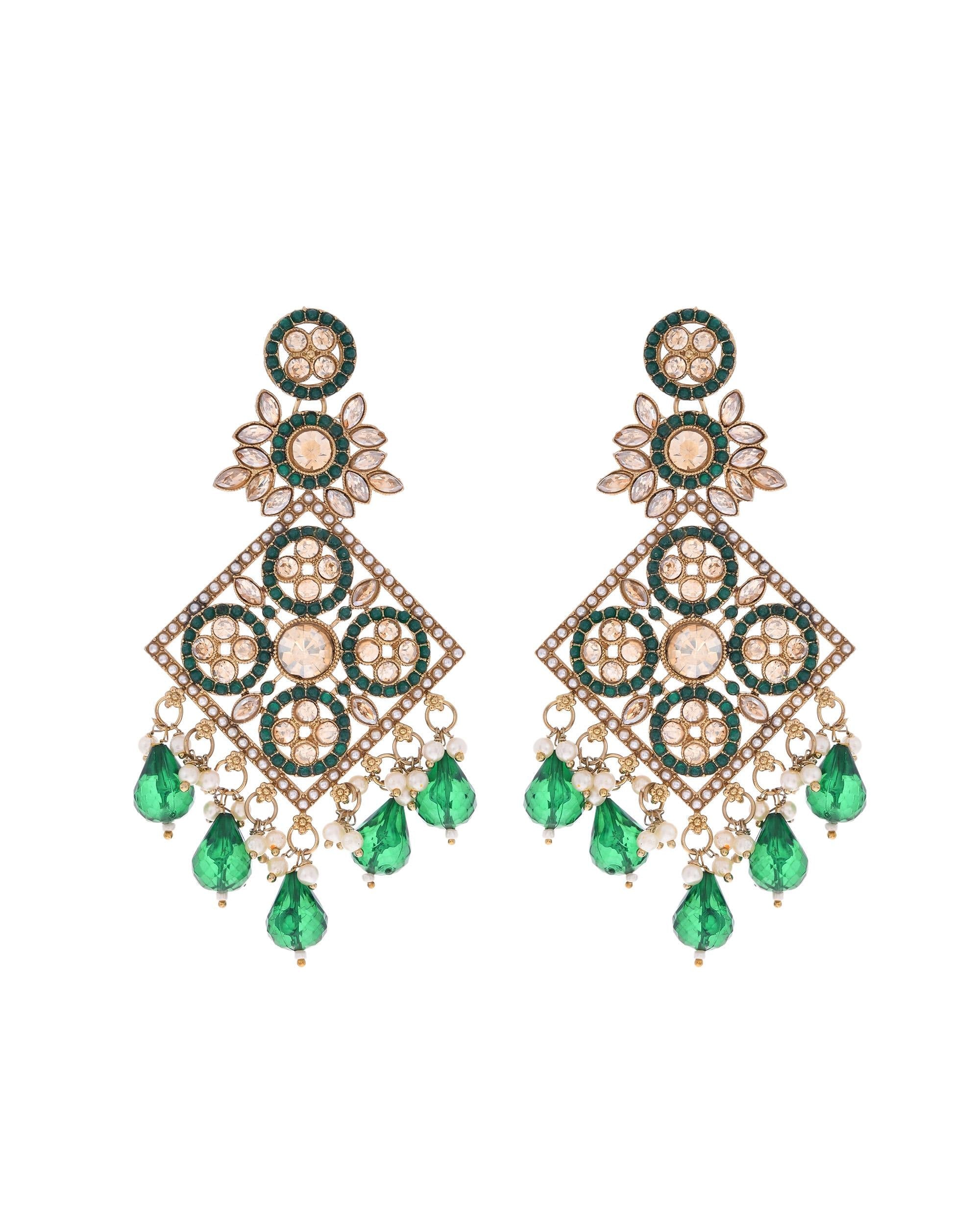 VOJ Green Stone Studded Gold-Polished Square Shaped Earrings