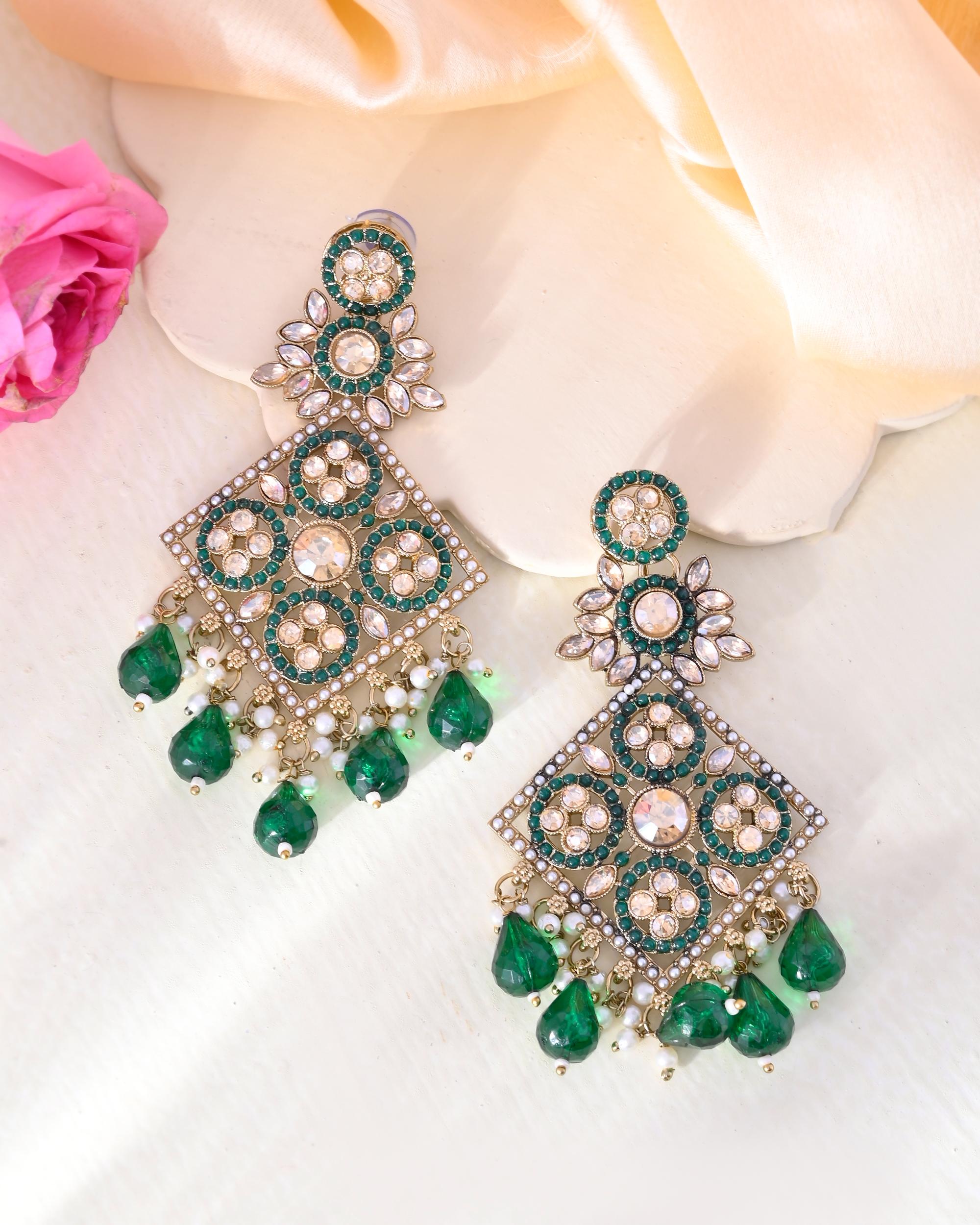 VOJ Green Stone Studded Gold-Polished Square Shaped Earrings