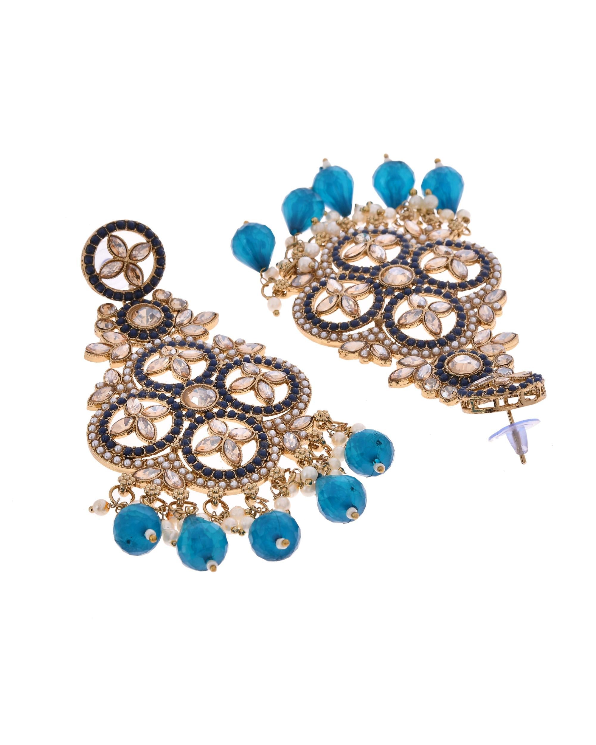 VOJ Blue Stone Studded Gold-Polished Crescent Shaped Earrings