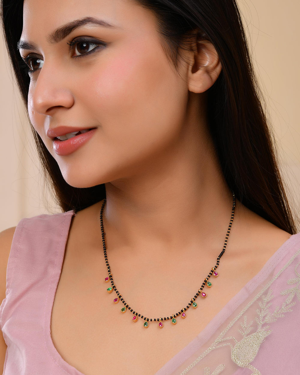 VOJ Gold-Polished Ad Studded Drop Shaped Mangalsutra