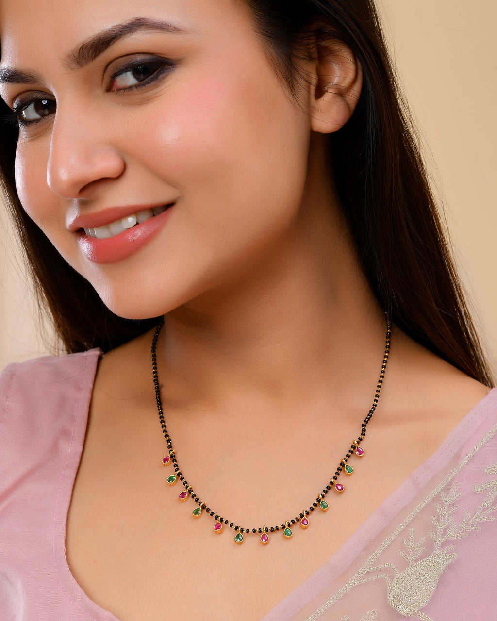 VOJ Gold-Polished Ad Studded Drop Shaped Mangalsutra