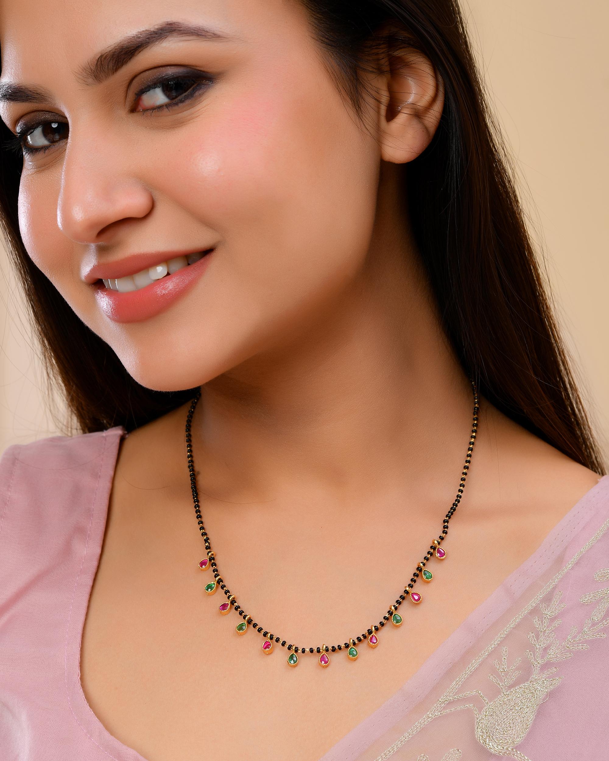 VOJ Gold-Polished Ad Studded Drop Shaped Mangalsutra