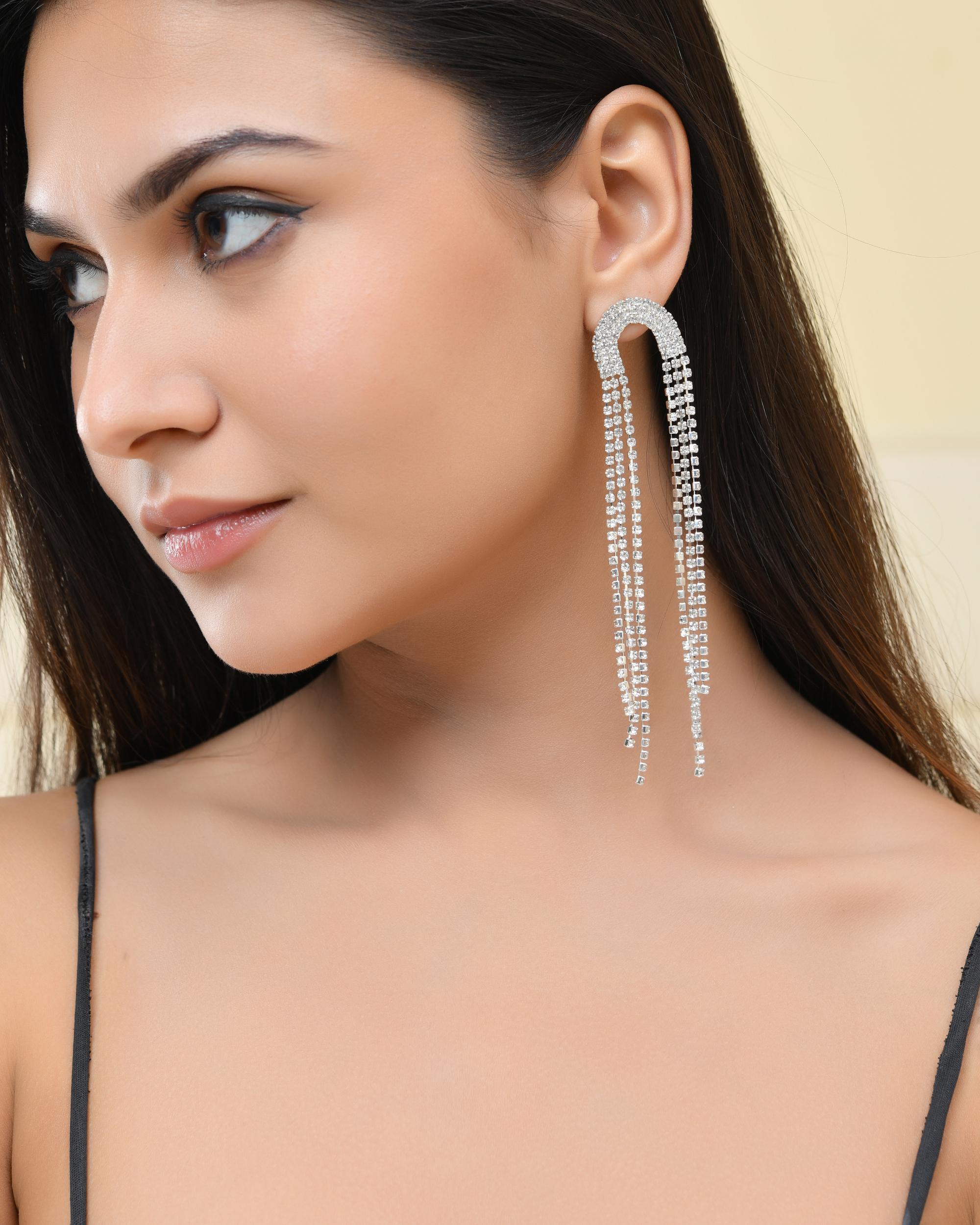 VOJ Silver-Plated Crystals Stone Studded Contemporary Drop Earrings