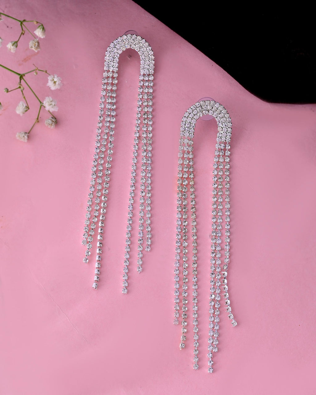 VOJ Silver-Plated Crystals Stone Studded Contemporary Drop Earrings