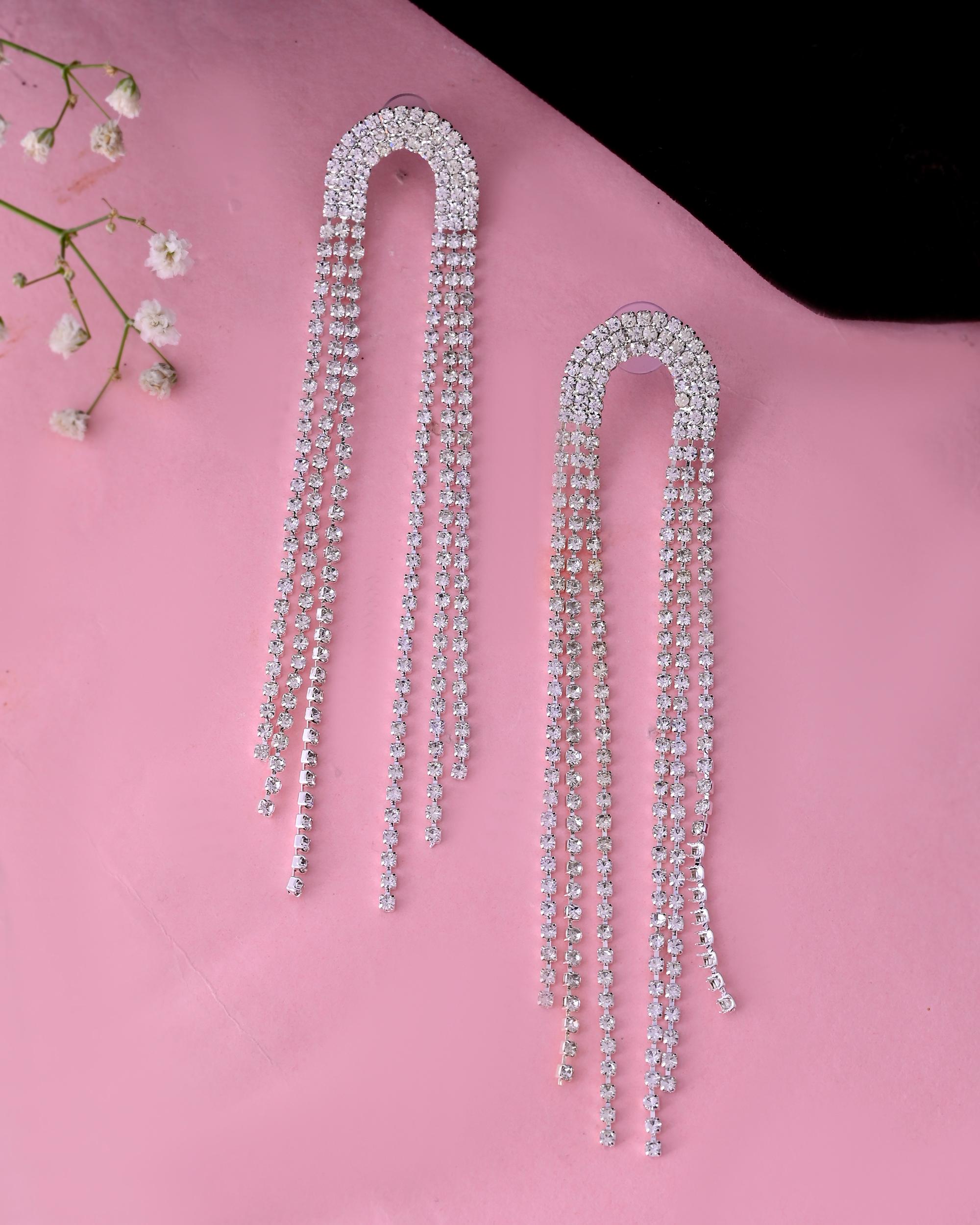 VOJ Silver-Plated Crystals Stone Studded Contemporary Drop Earrings