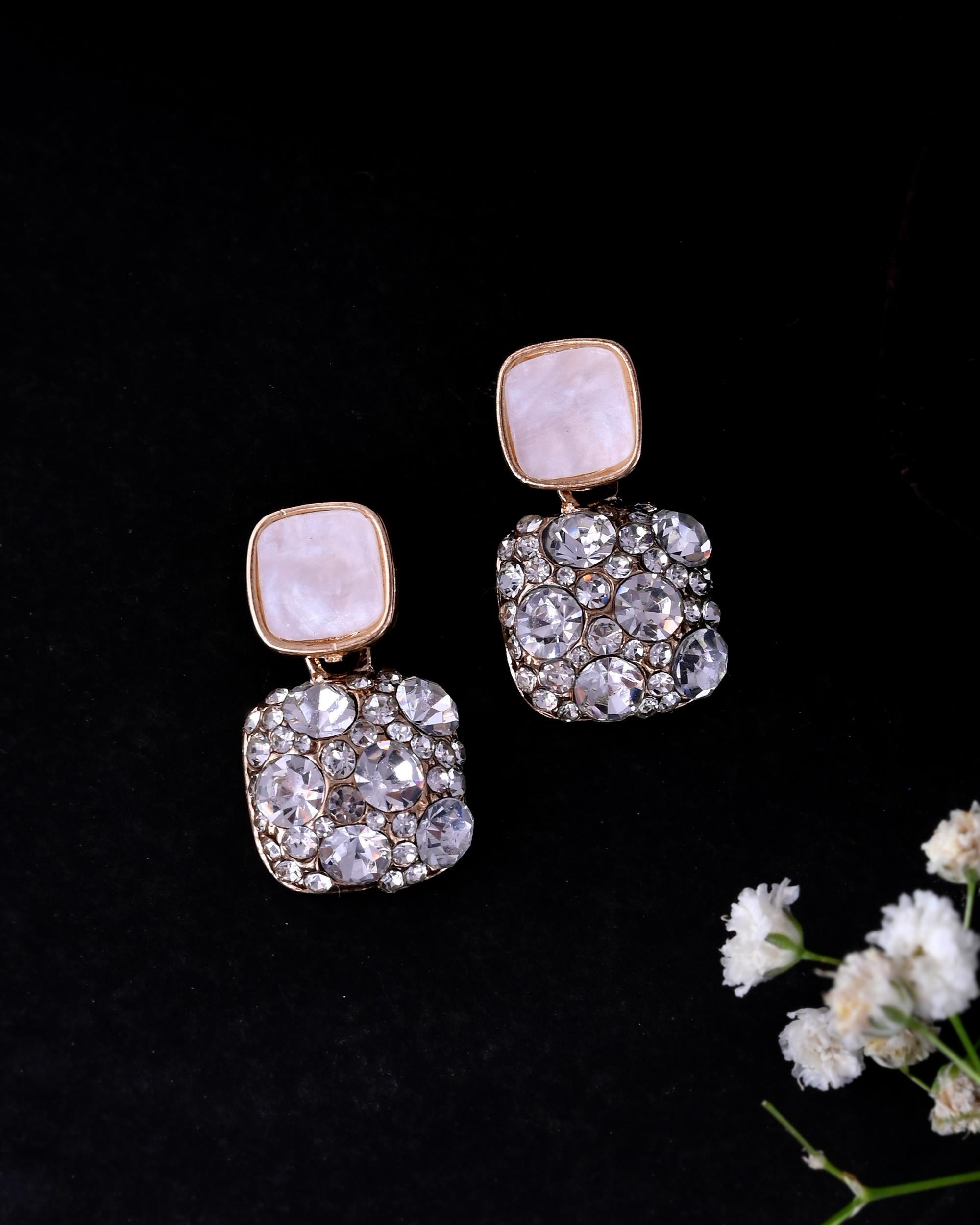VOJ Stainless Steel Crystal Studded Square Shaped Studs