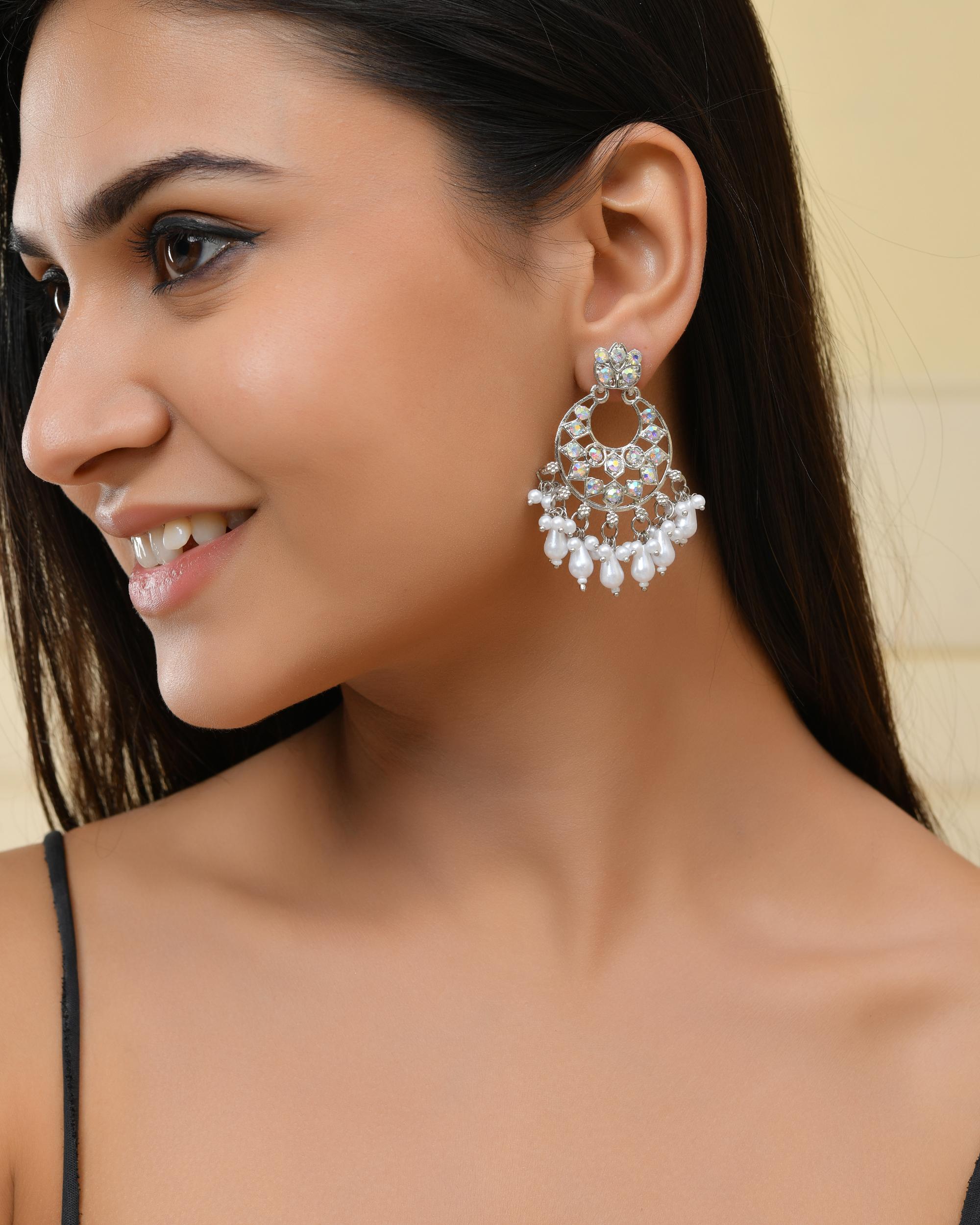 VOJ Silver Plated Stone Studded Studs Earrings