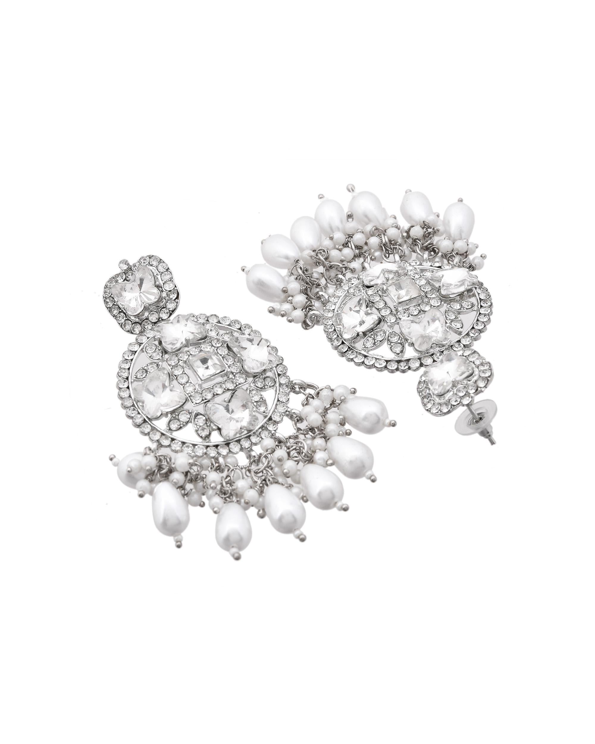 VOJ Silver Plated Stone Studded Crescent Shaped Earrings