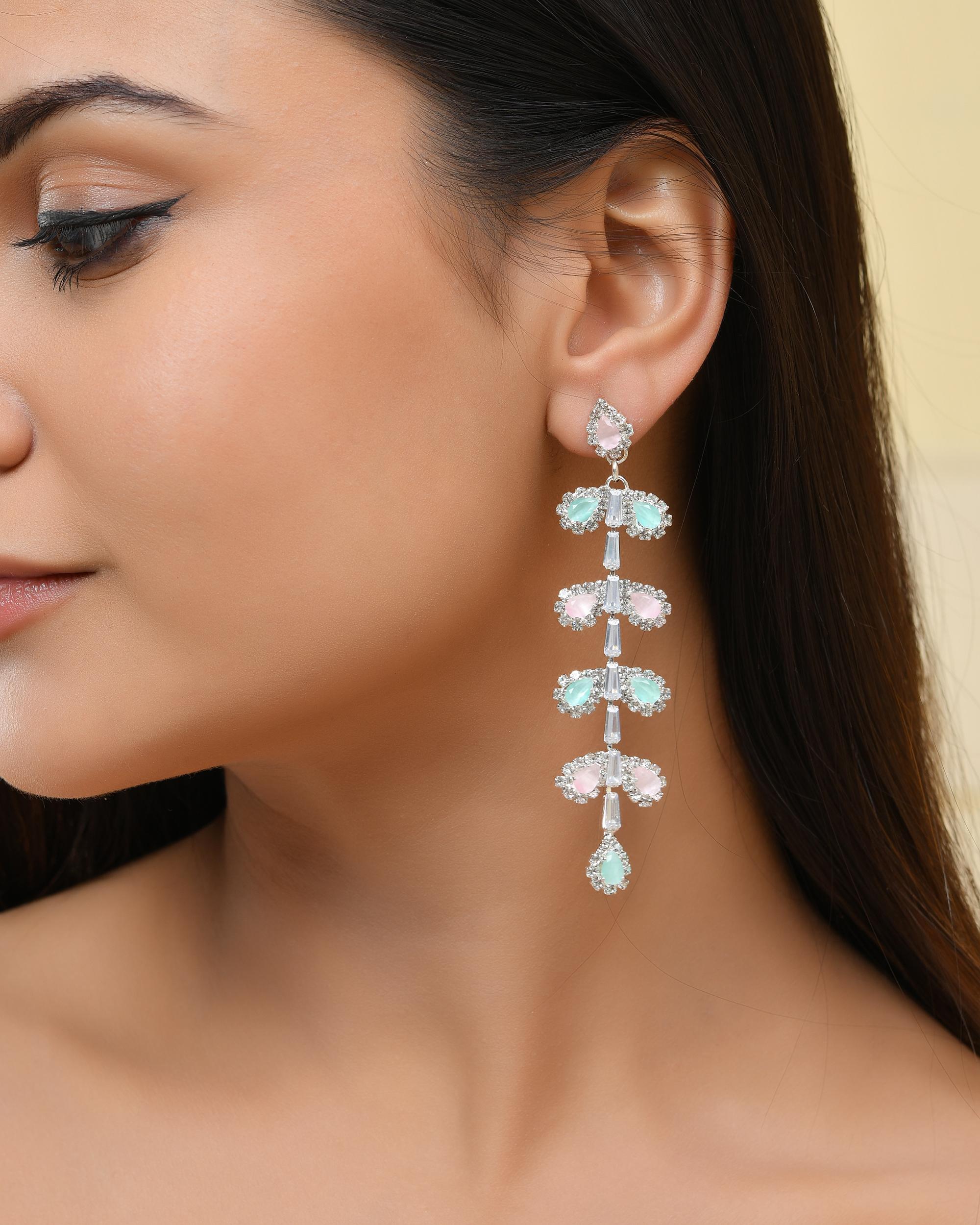 VOJ Silver-Toned Mind Green And Pink Leaf Shaped Drop Earrings