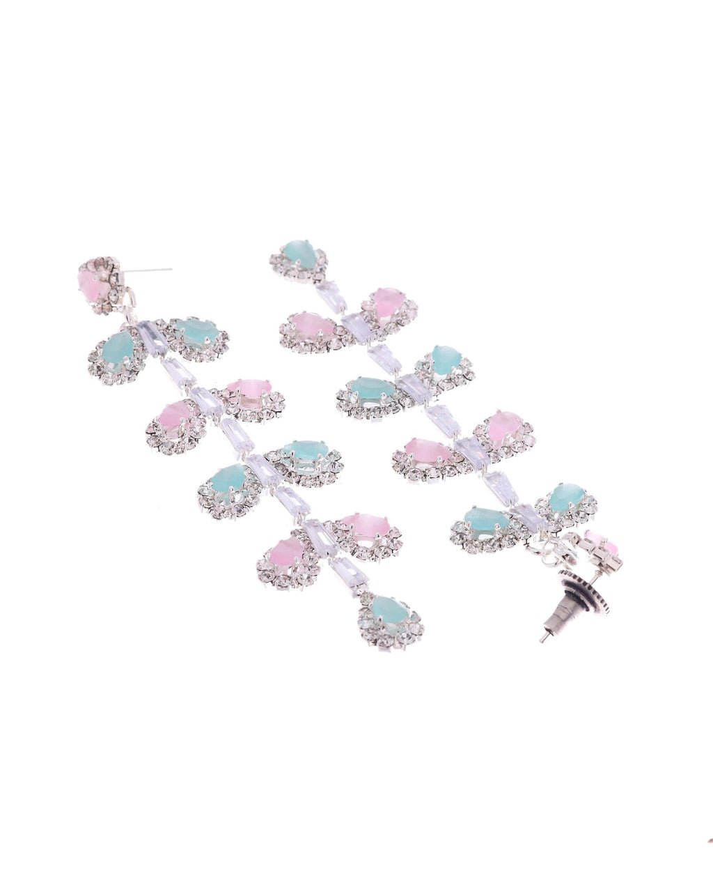 VOJ Silver-Toned Mind Green And Pink Leaf Shaped Drop Earrings