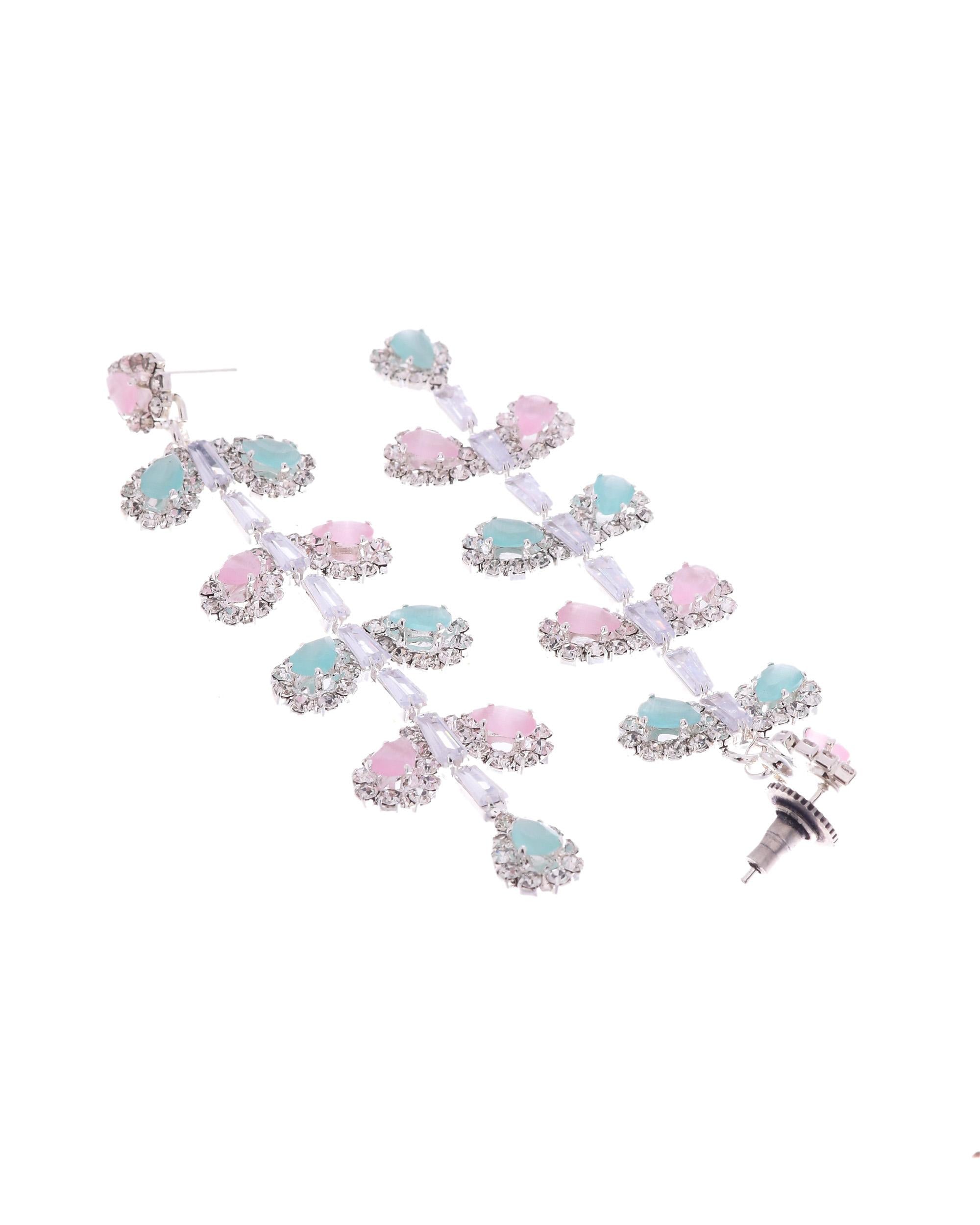 VOJ Silver-Toned Mind Green And Pink Leaf Shaped Drop Earrings