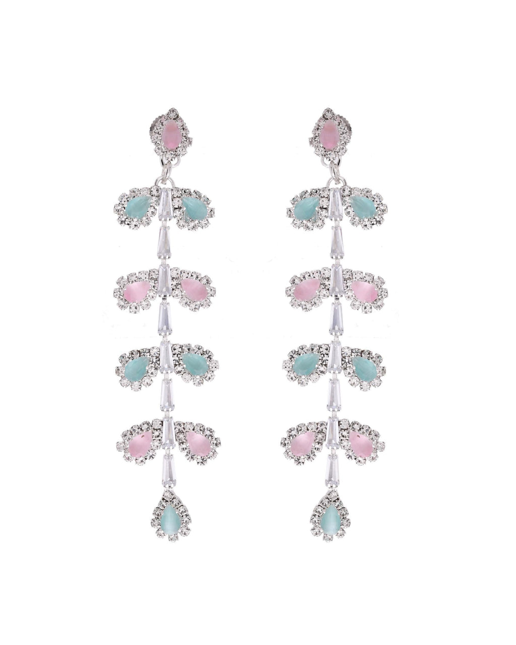 VOJ Silver-Toned Mind Green And Pink Leaf Shaped Drop Earrings