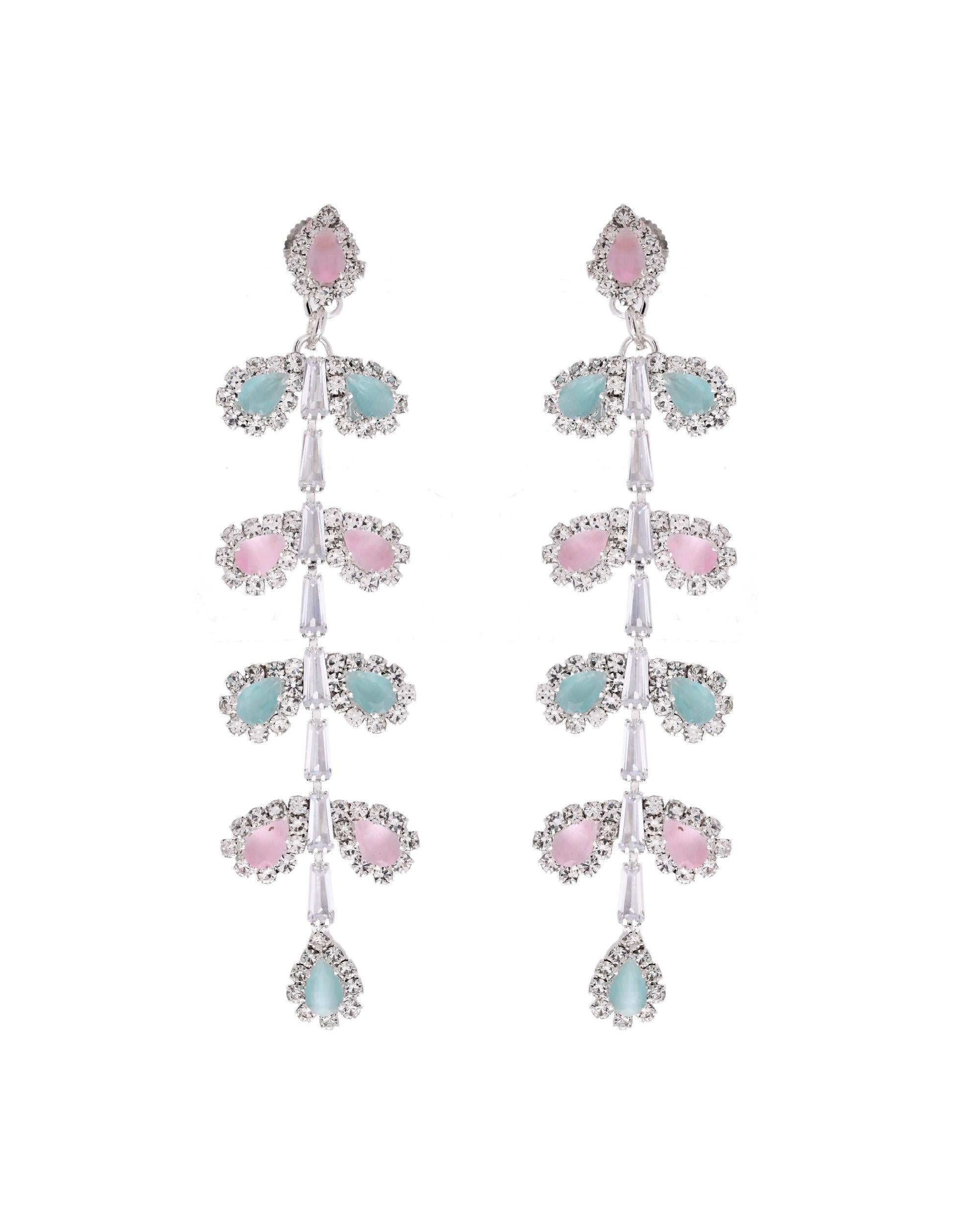 VOJ Silver-Toned Mind Green And Pink Leaf Shaped Drop Earrings