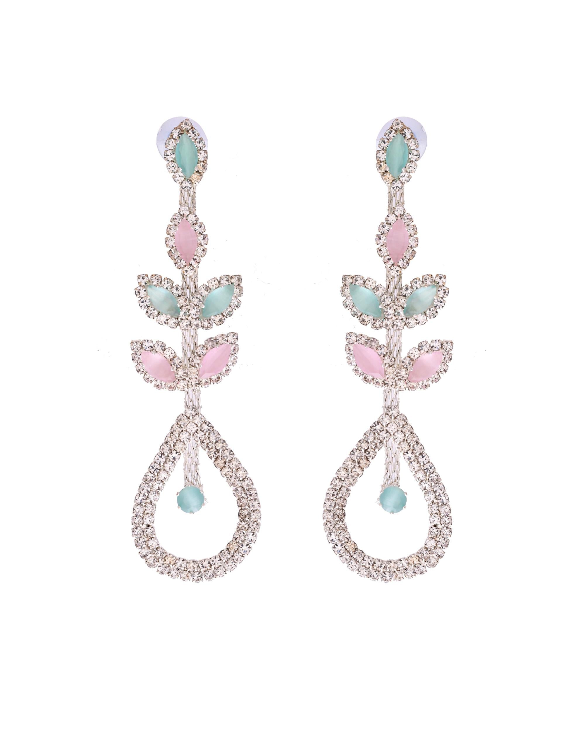 VOJ Silver-Toned Mind Green And Pink Teardrop Shaped Drop Earrings