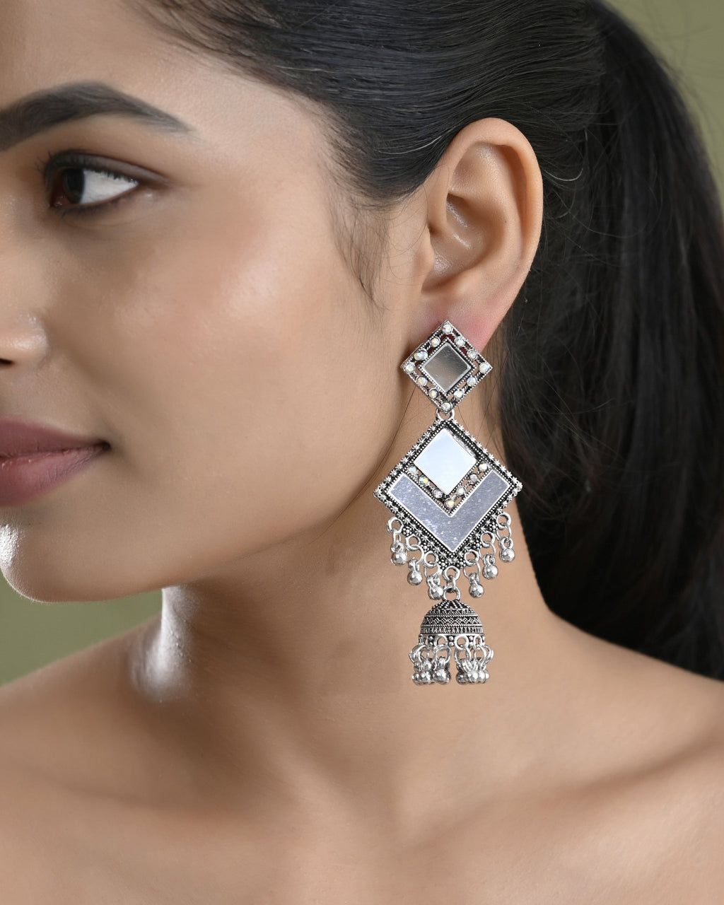 VOJ Silver Plated Mirror Studded Square Shaped Earrings