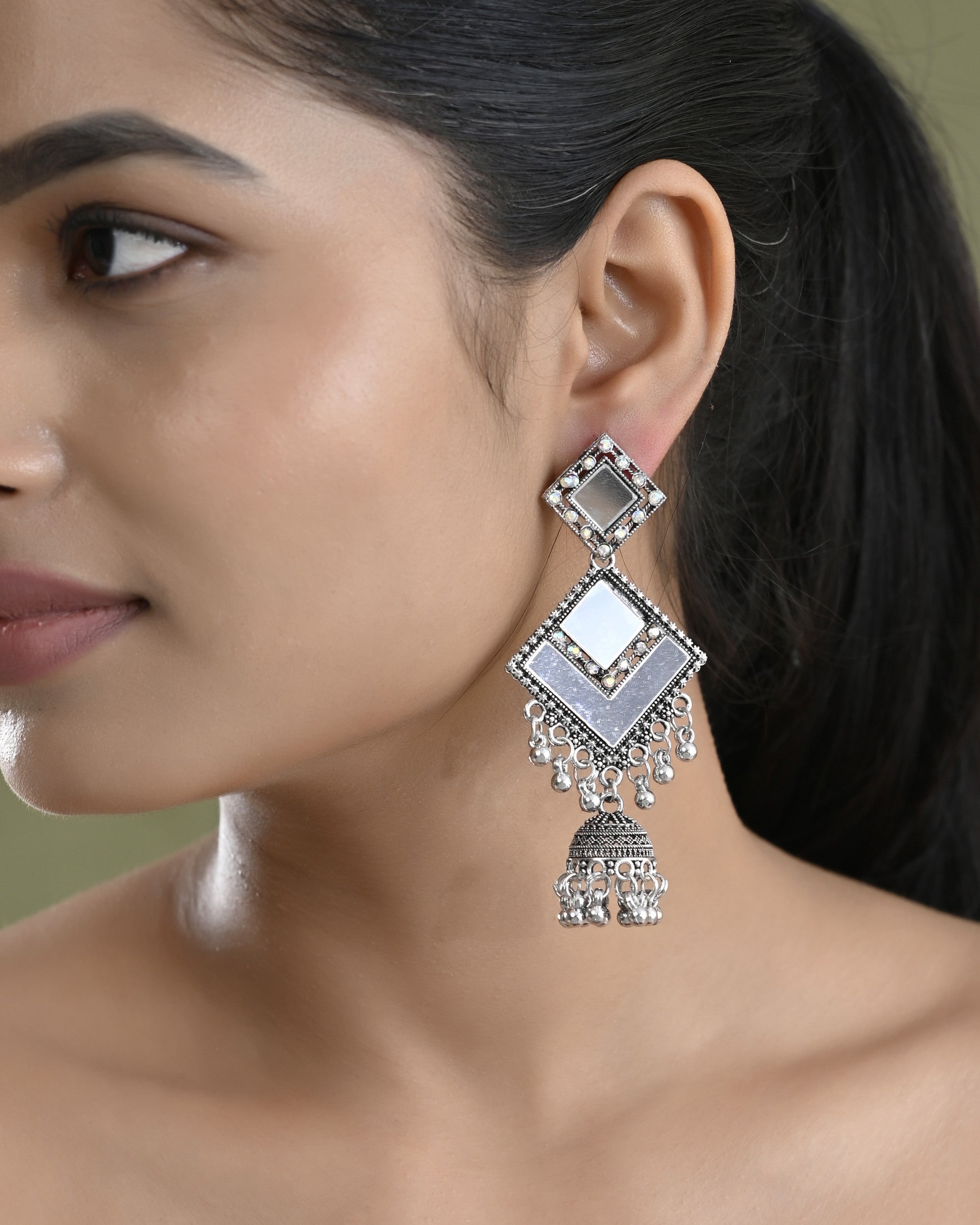VOJ Silver Plated Mirror Studded Square Shaped Earrings