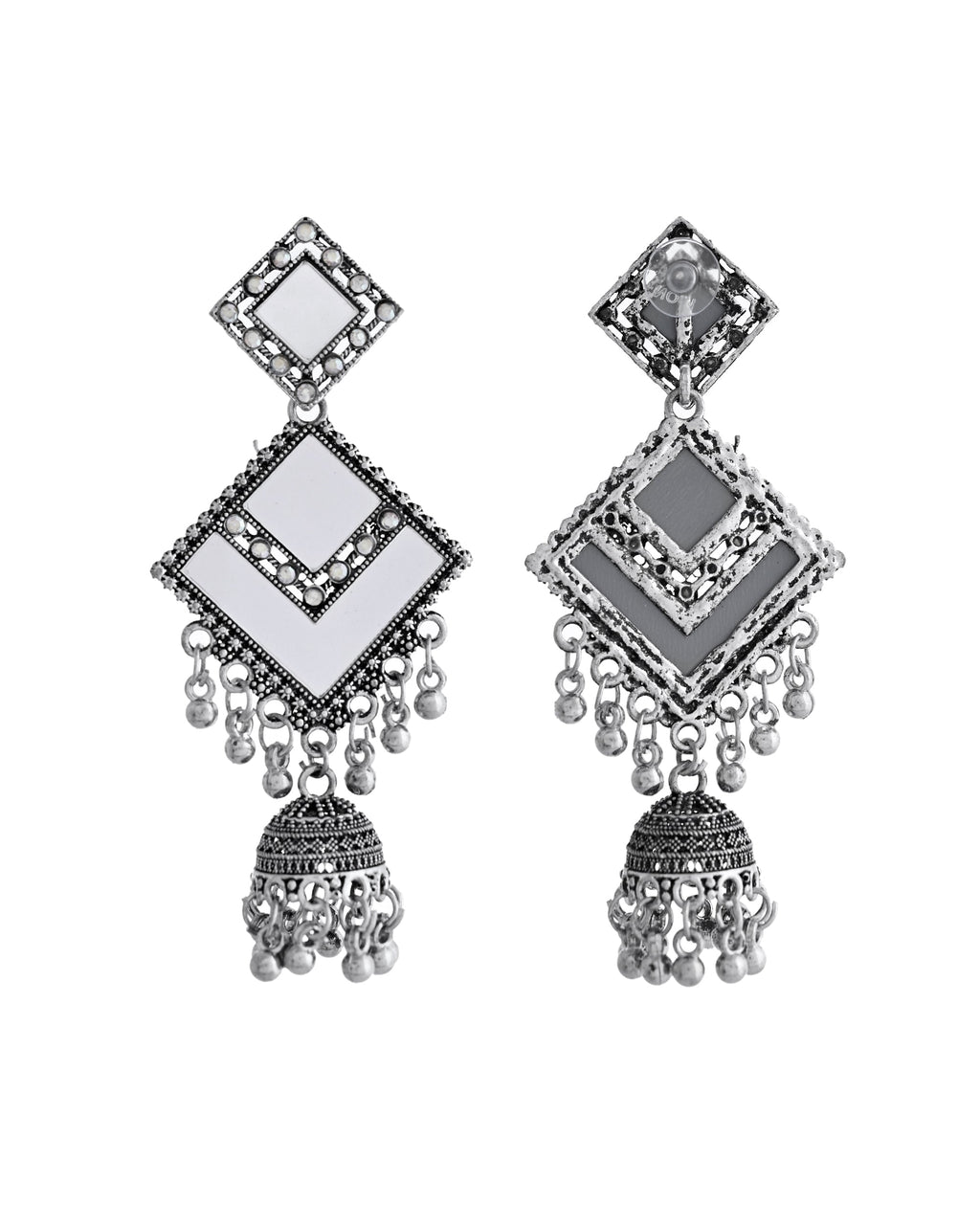 VOJ Silver Plated Mirror Studded Square Shaped Earrings