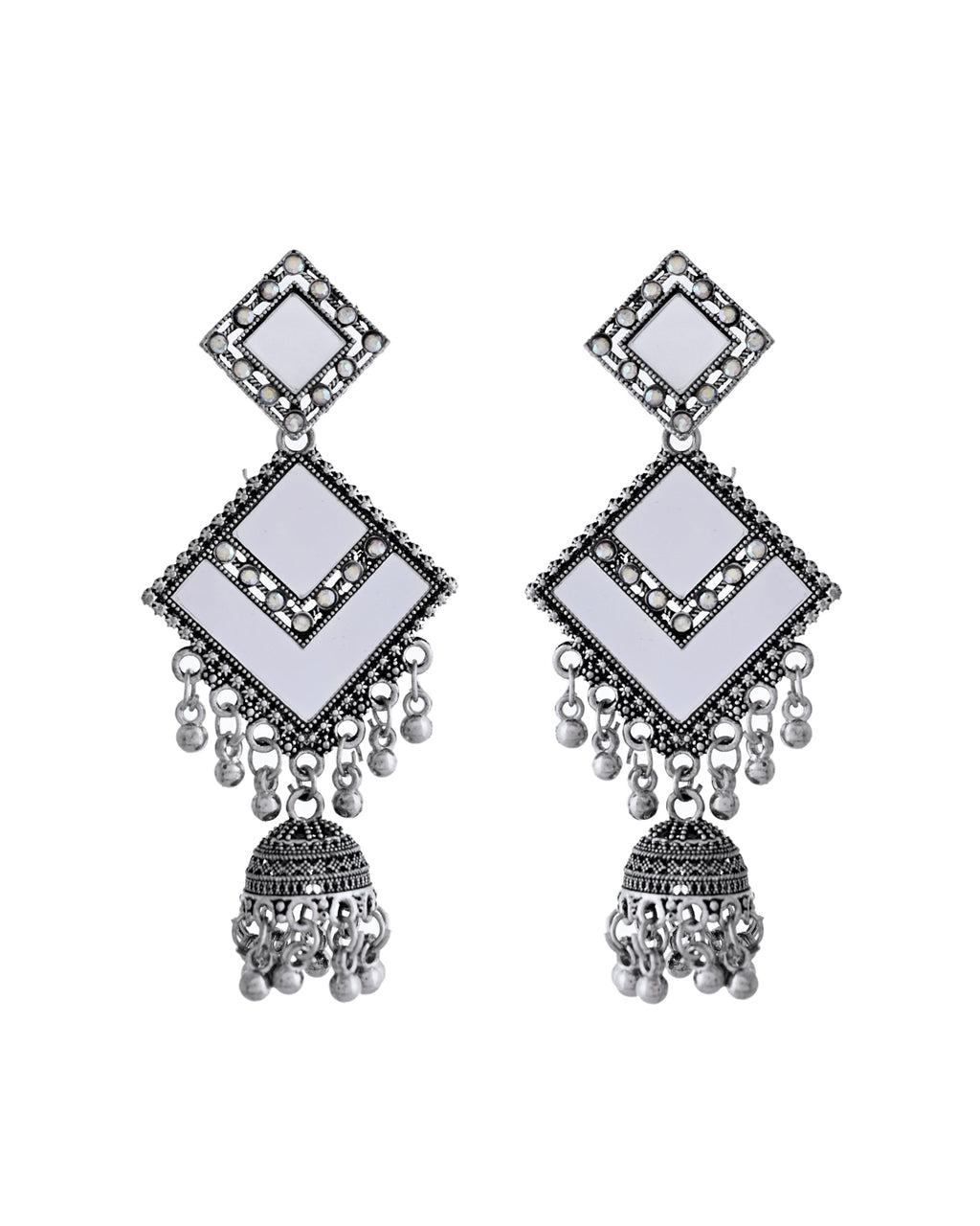 VOJ Silver Plated Mirror Studded Square Shaped Earrings