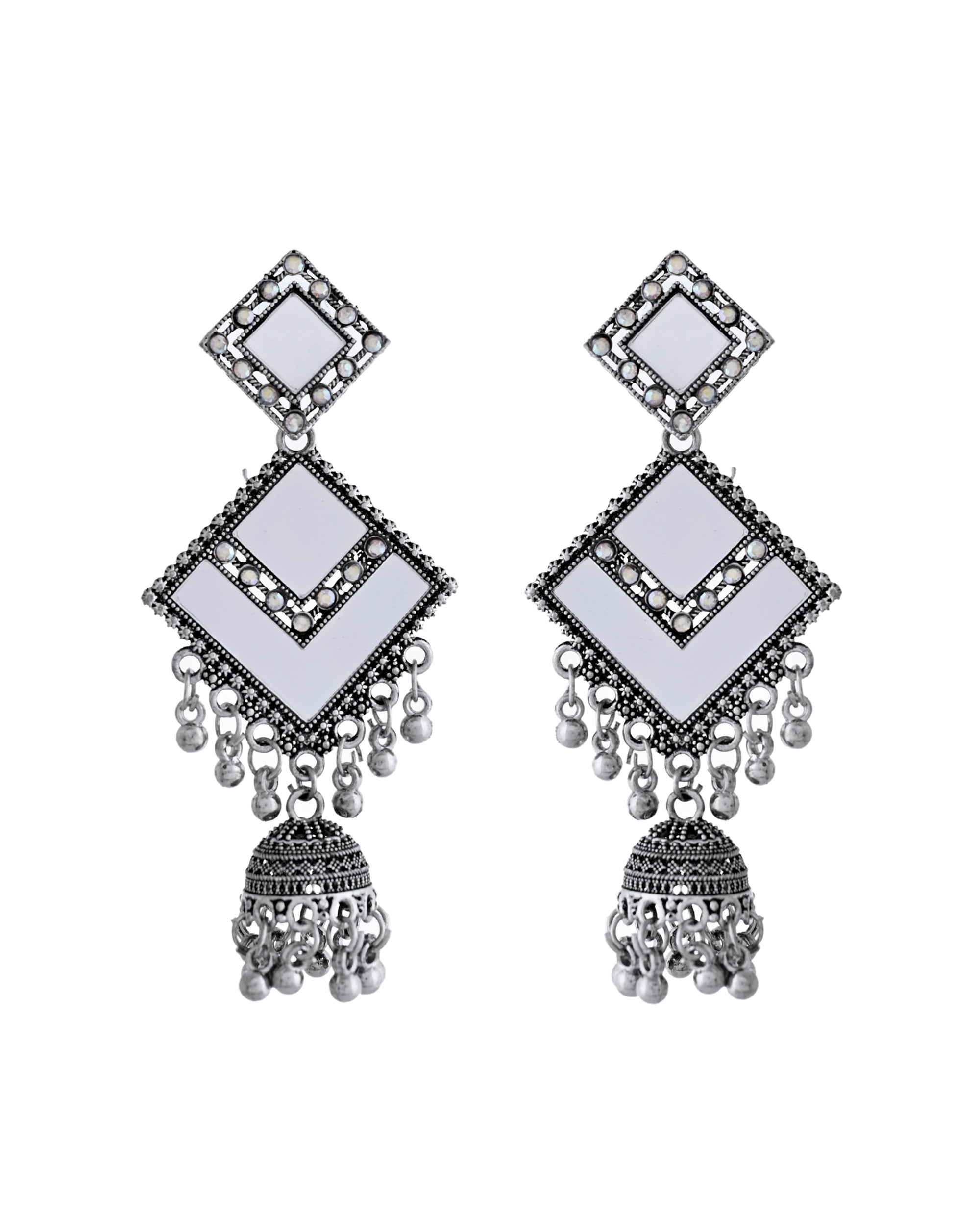 VOJ Silver Plated Mirror Studded Square Shaped Earrings