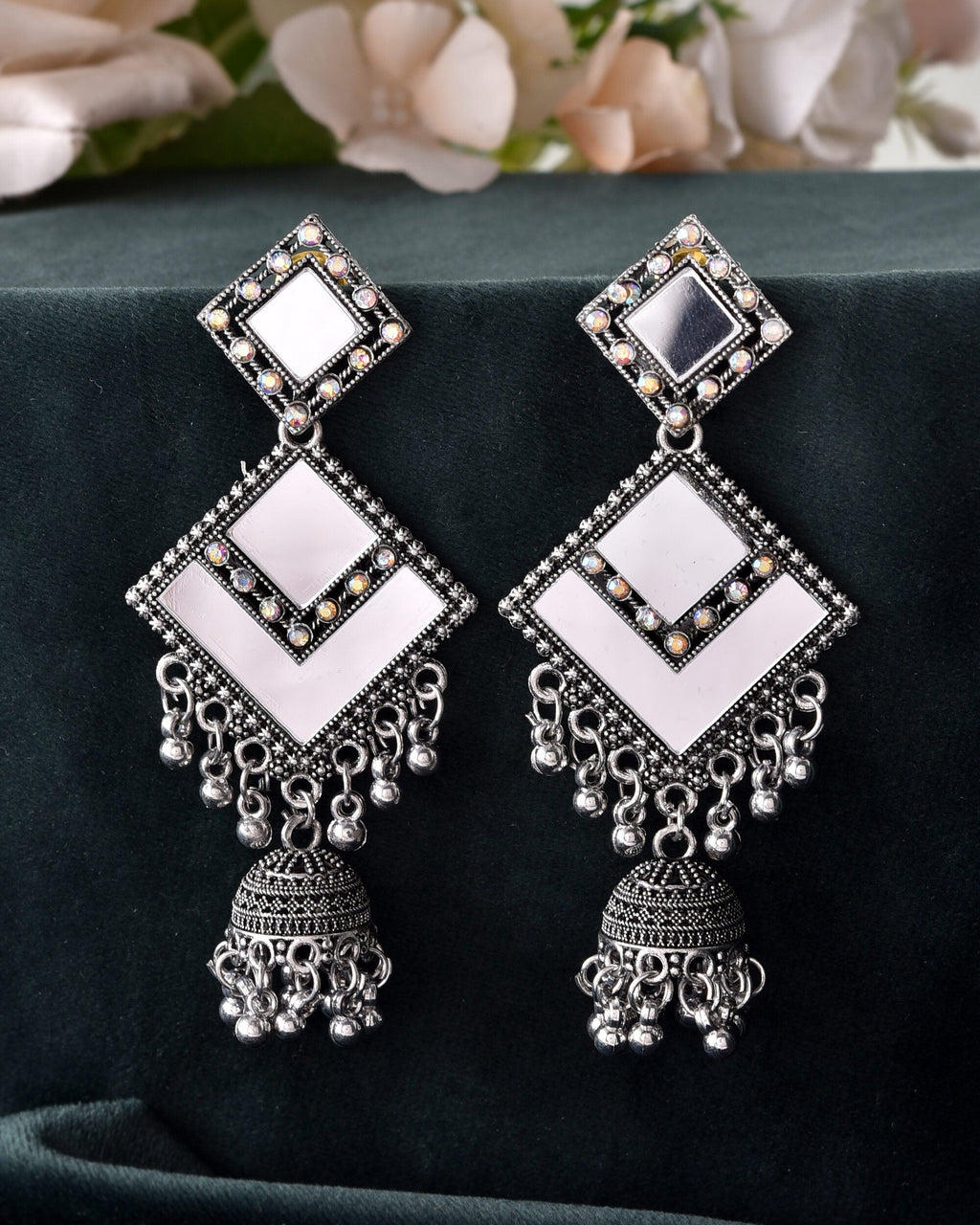 VOJ Silver Plated Mirror Studded Square Shaped Earrings