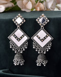 VOJ Silver Plated Mirror Studded Square Shaped Earrings